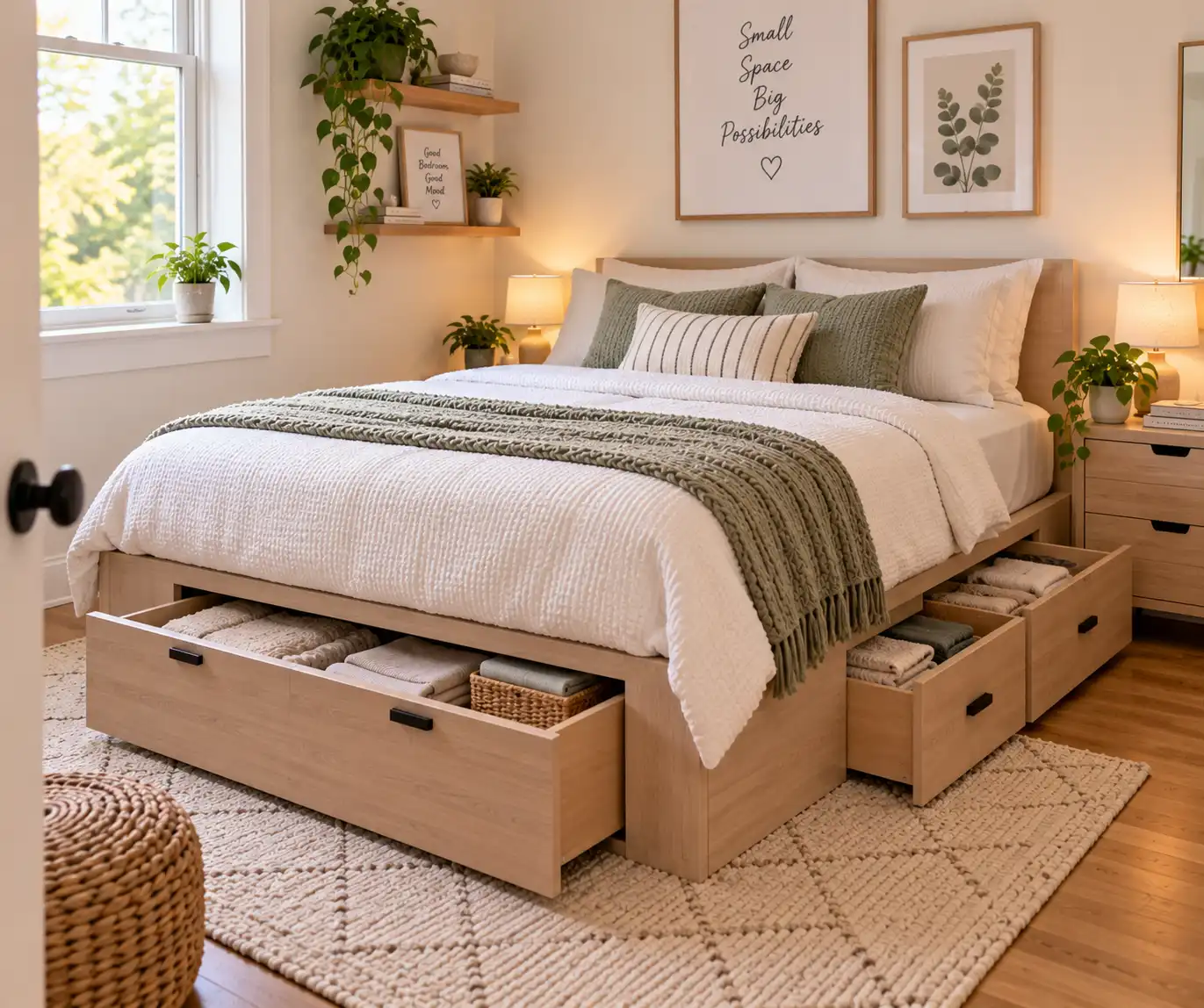 Small bedroom with a bed featuring built-in storage drawers