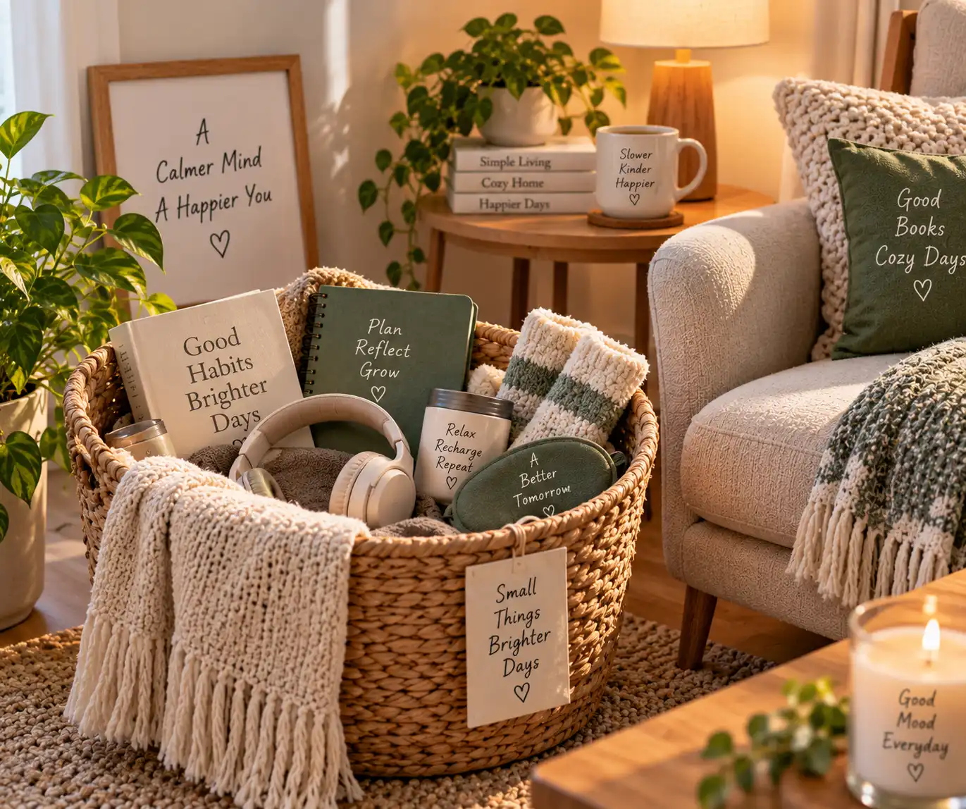 Cozy basket filled with relaxing everyday essentials