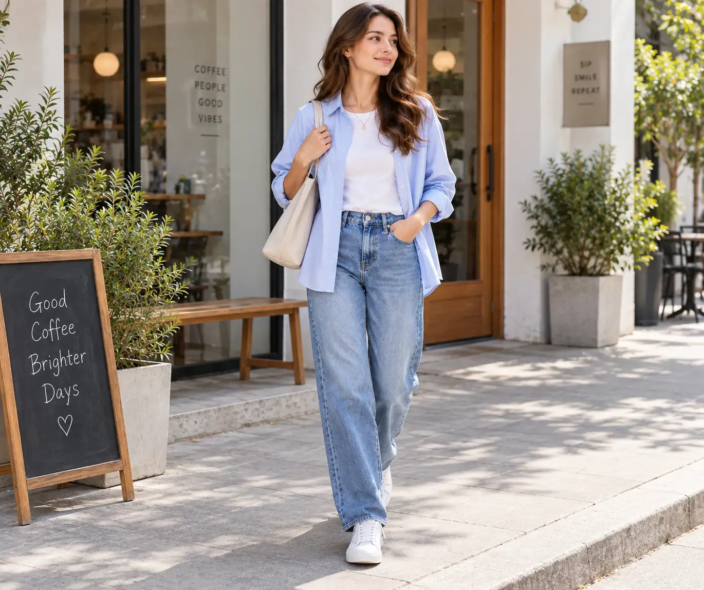 Relaxed jeans with a casual button-down shirt