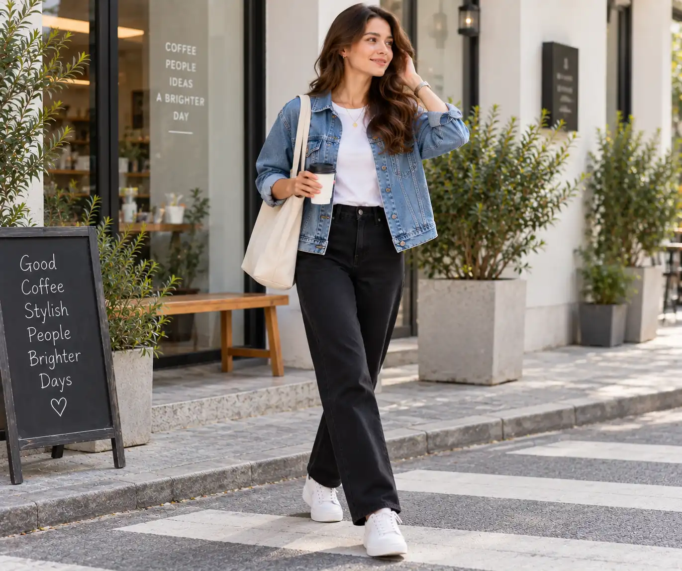 Denim jacket layered over a simple casual outfit