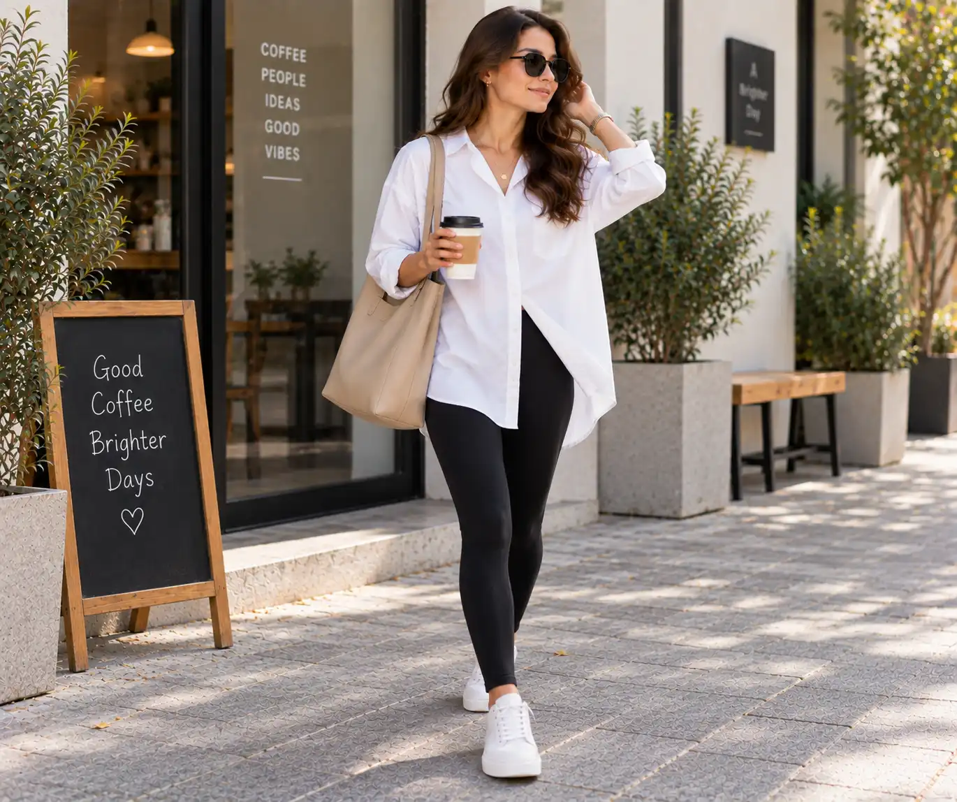 Black leggings with an oversized button-down shirt