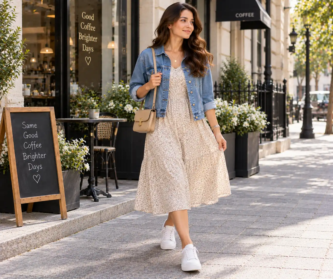 Midi dress styled with sneakers for everyday wear