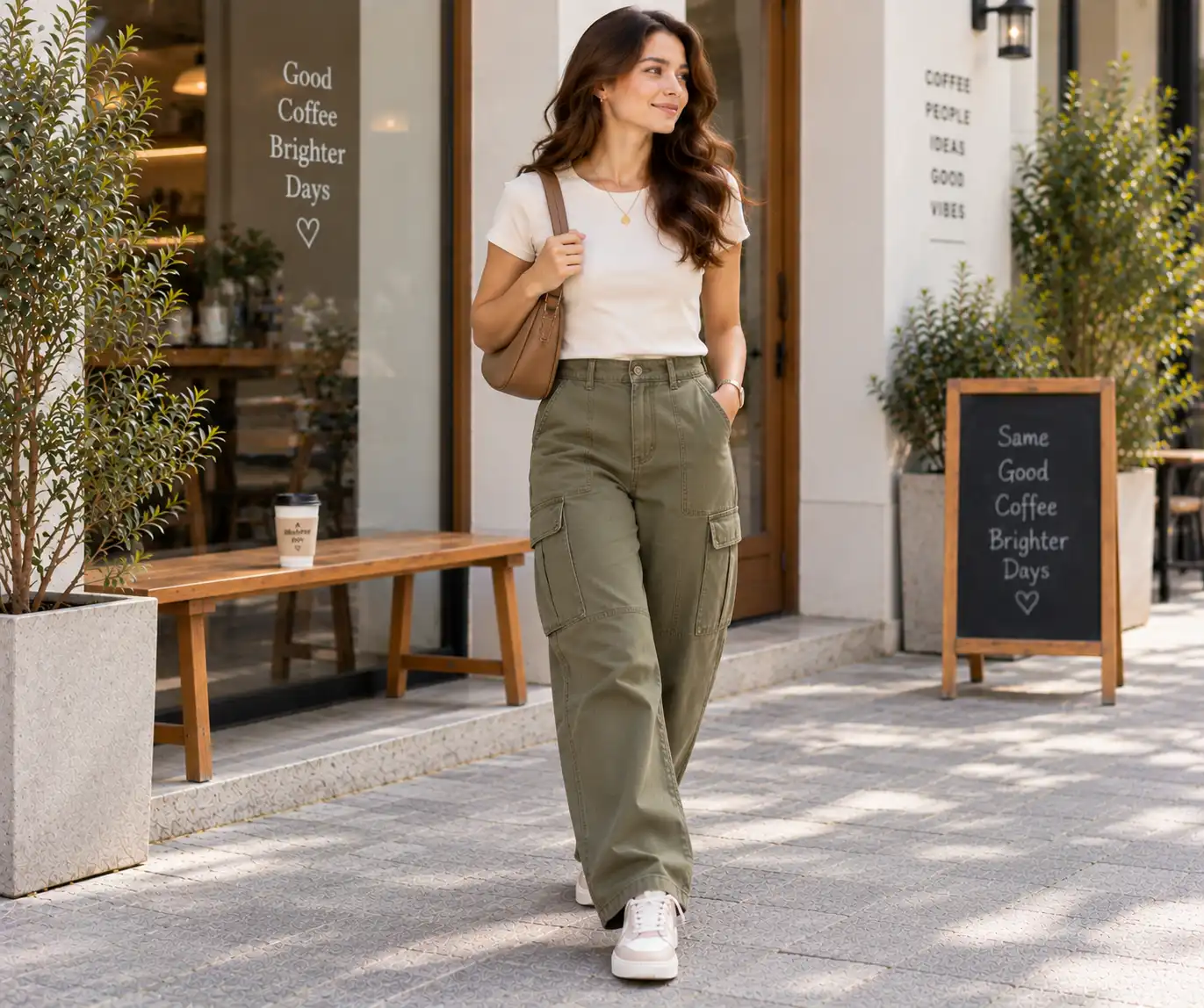 Cargo pants styled with a simple everyday top