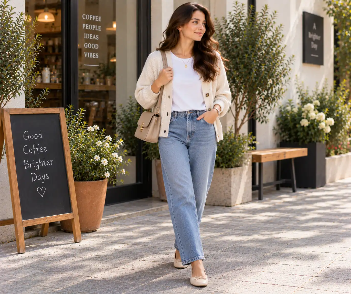 Cardigan layered over a basic T-shirt