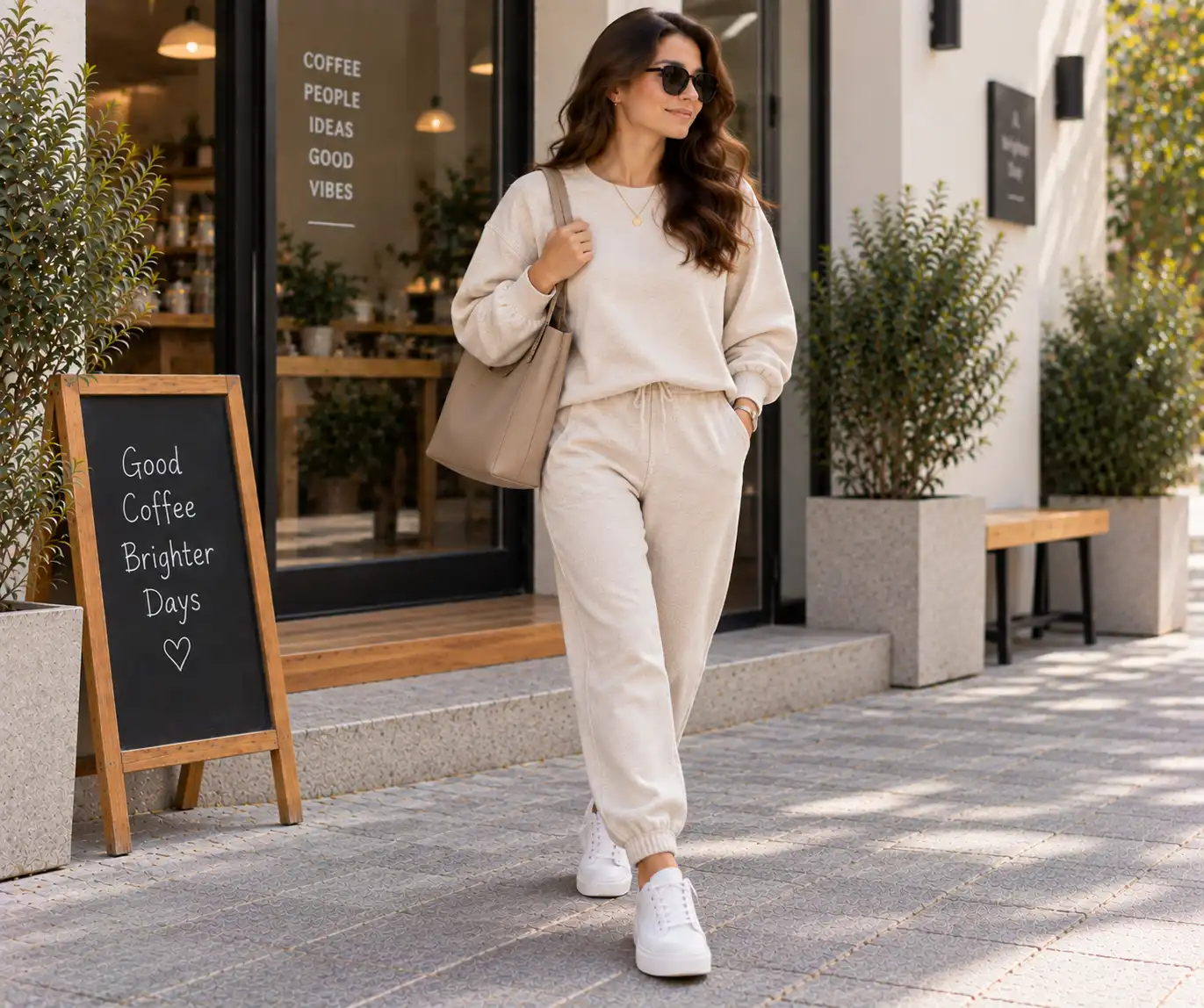 Neutral tracksuit styled with clean sneakers