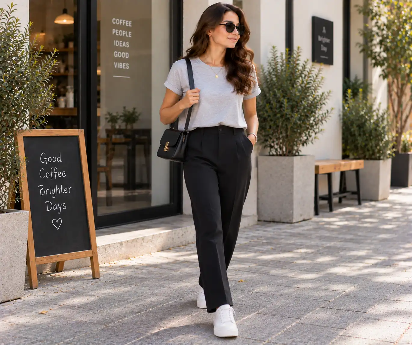 Black trousers with a casual gray top