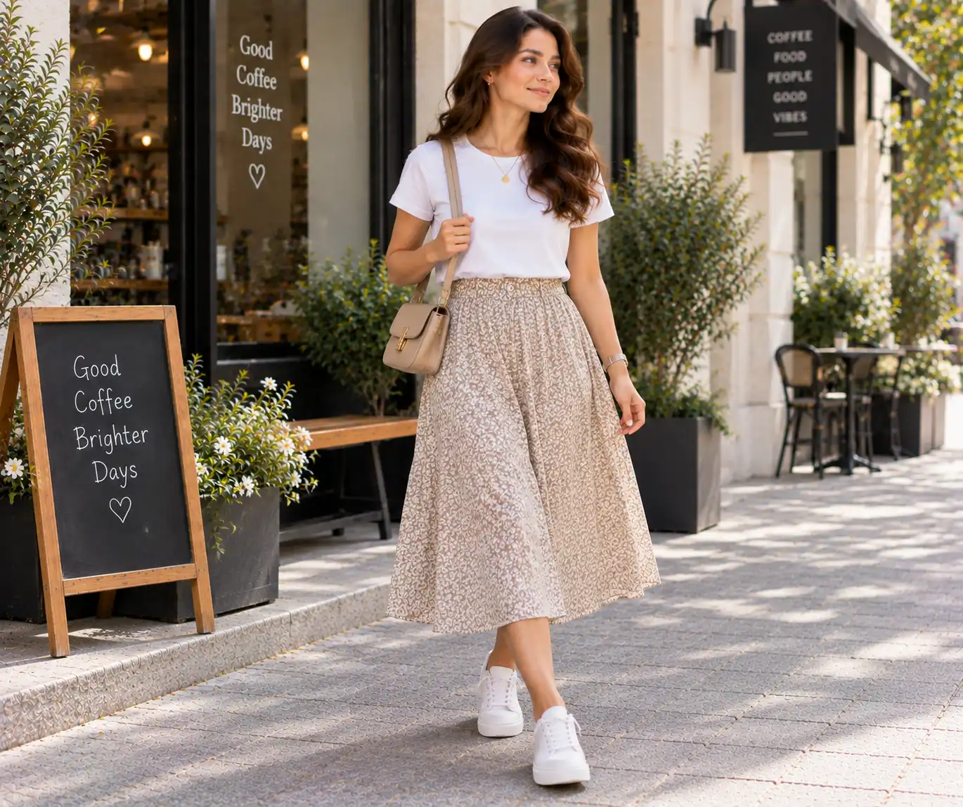 Casual midi skirt styled with a simple T-shirt