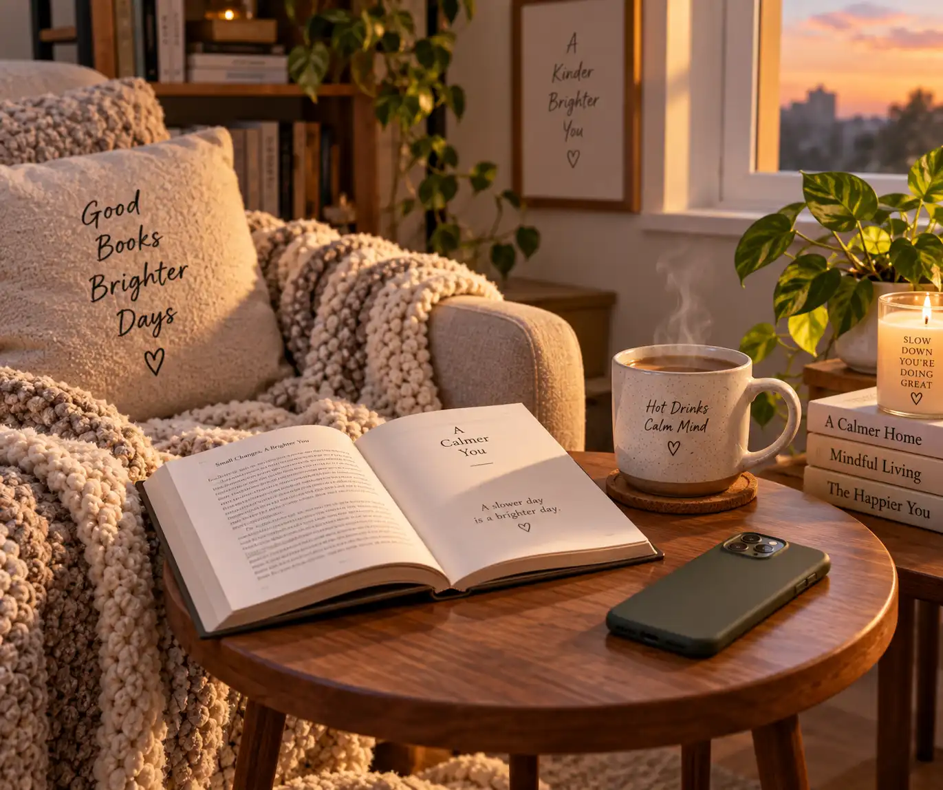 Cozy screen-free break with a book and warm drink