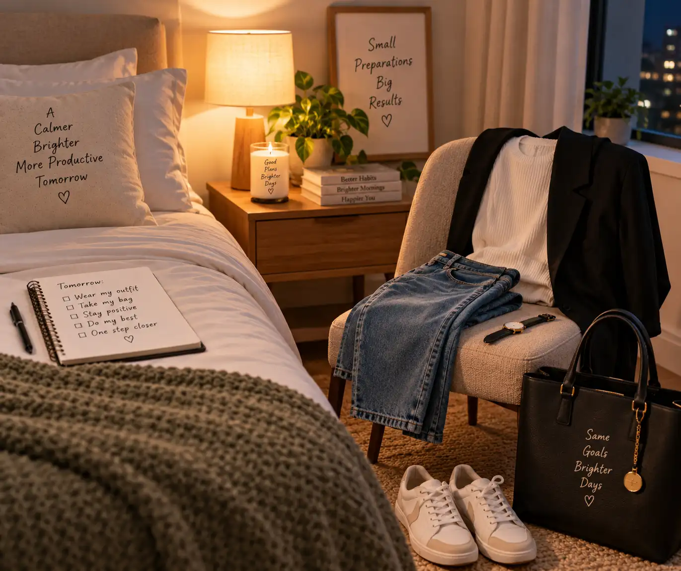 Preparing an outfit and bag for the next morning