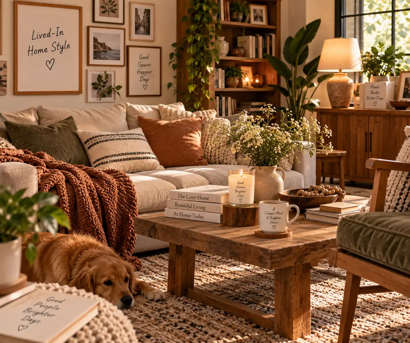 Warm lived-in living room with natural textures