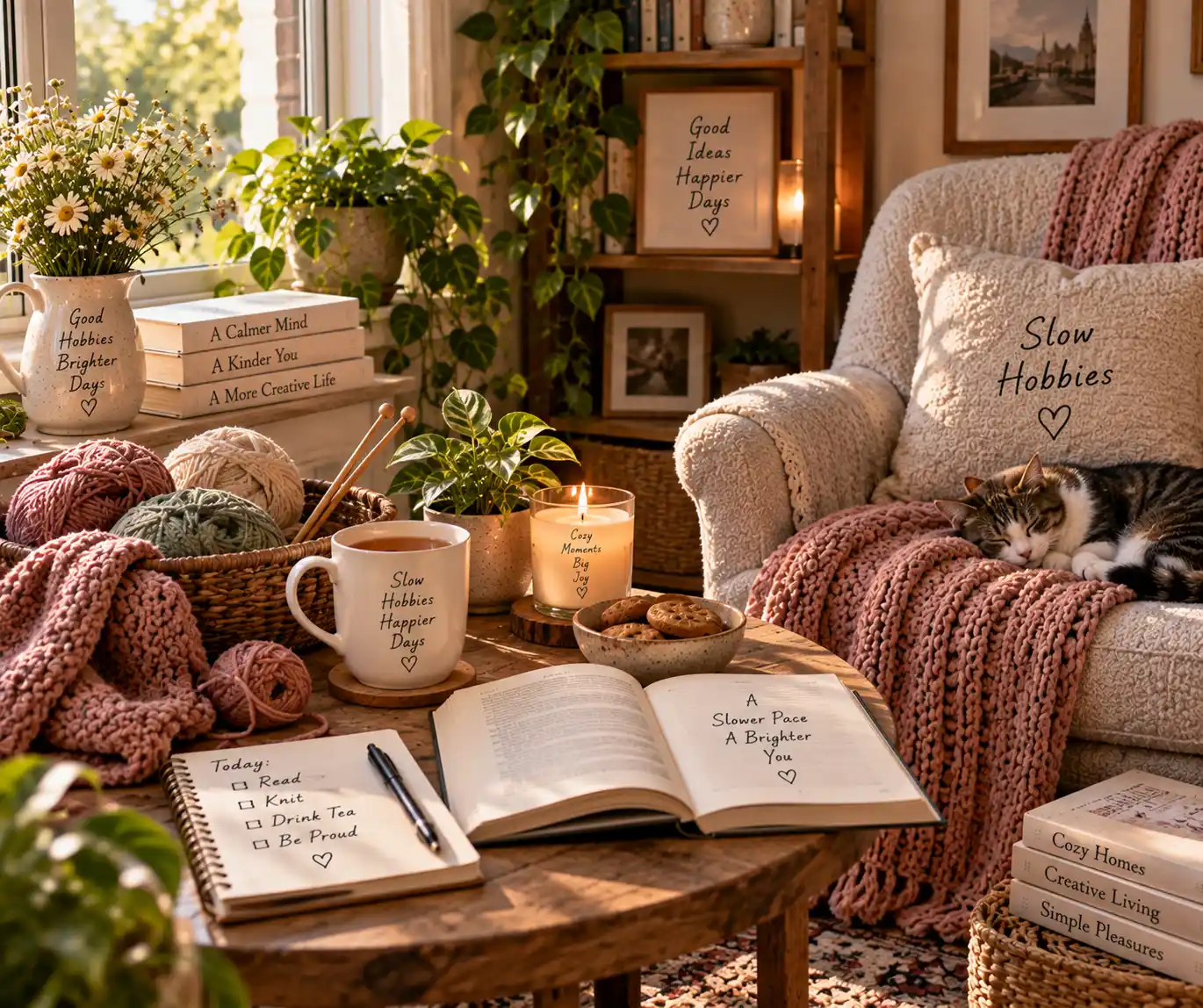 Cozy slow hobby corner with knitting and reading