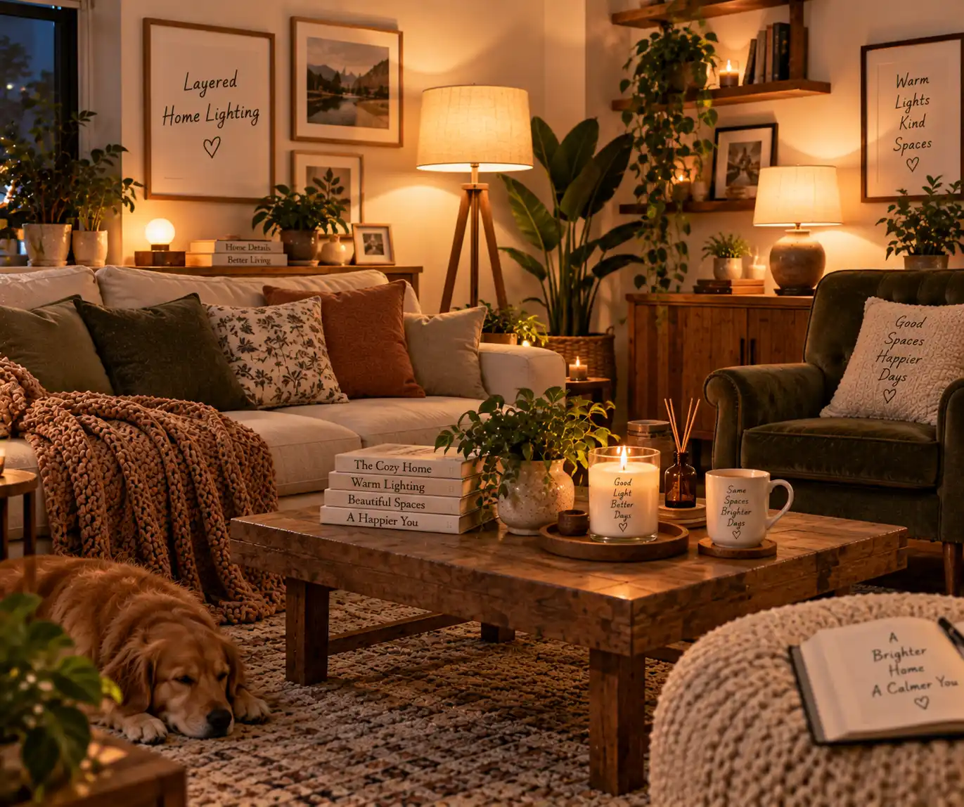 Living room with warm layered lighting