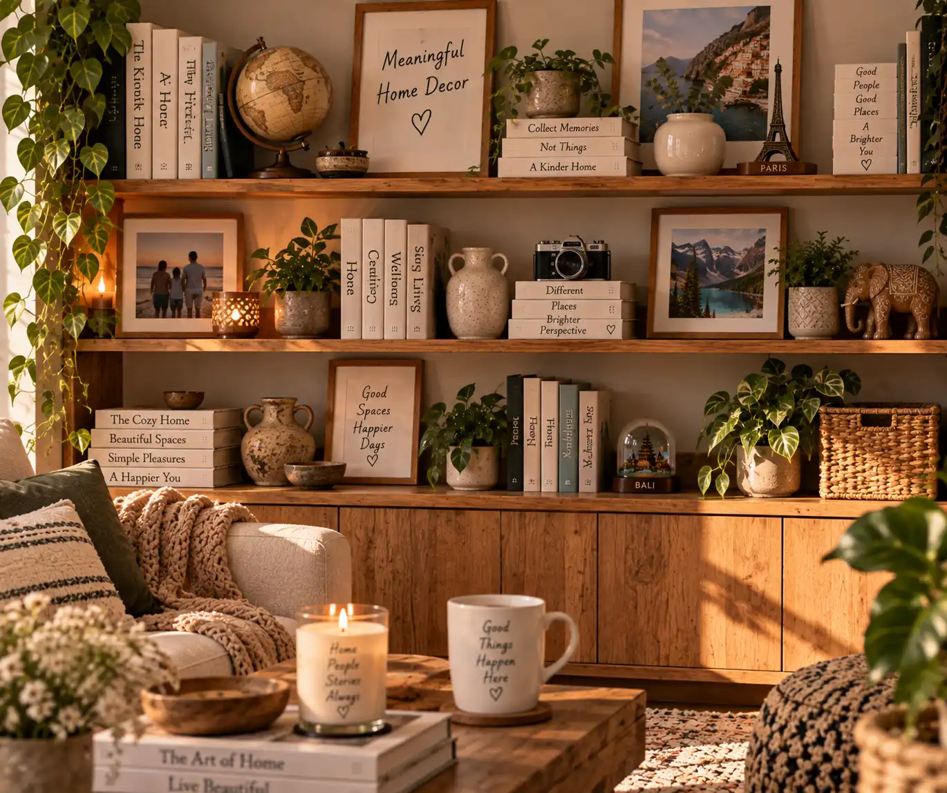 Personal home decor with books photos and handmade pieces