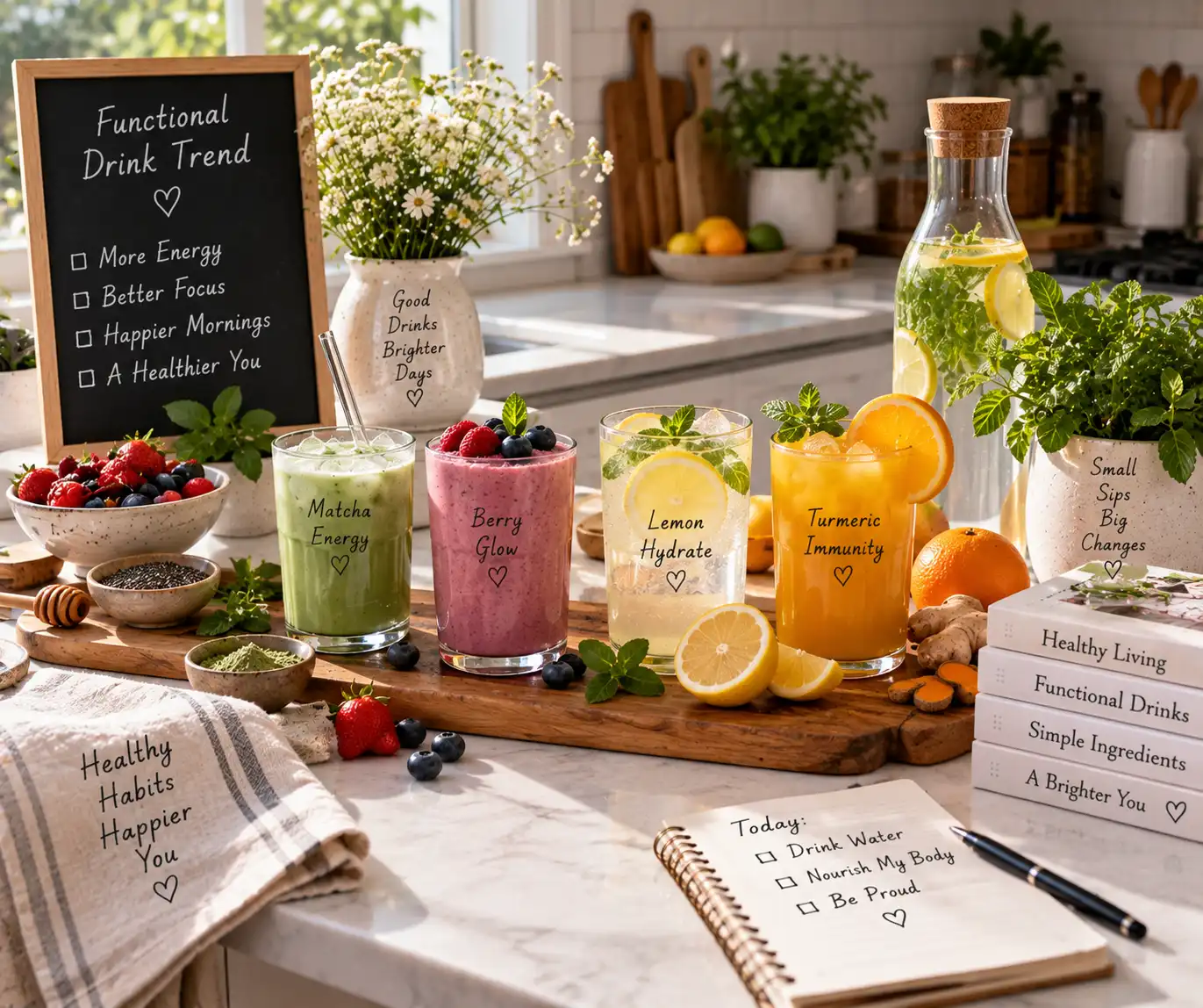 Colorful functional-inspired drinks with fresh ingredients