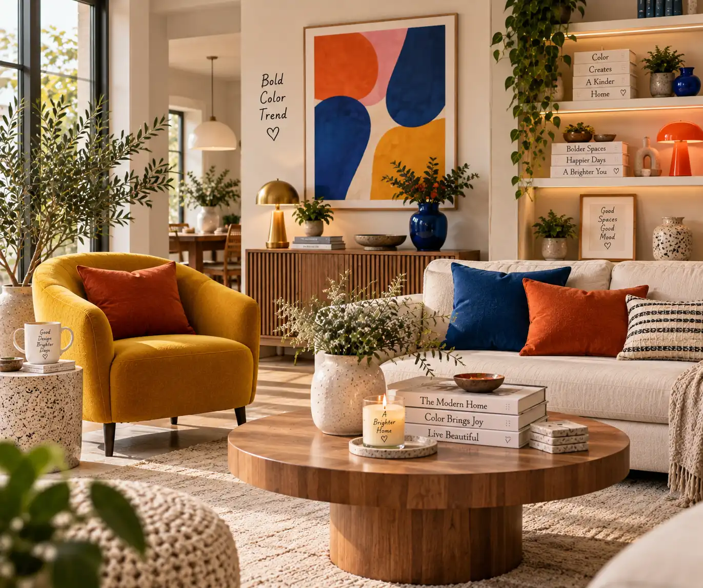 Neutral room styled with bold colorful accents