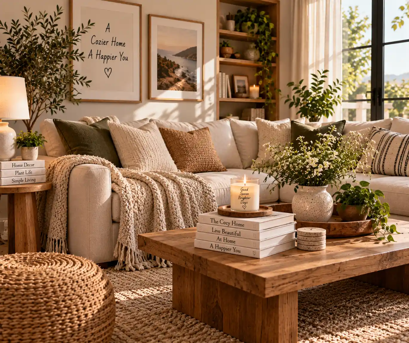 Cozy living room with layered soft textures and neutral decor