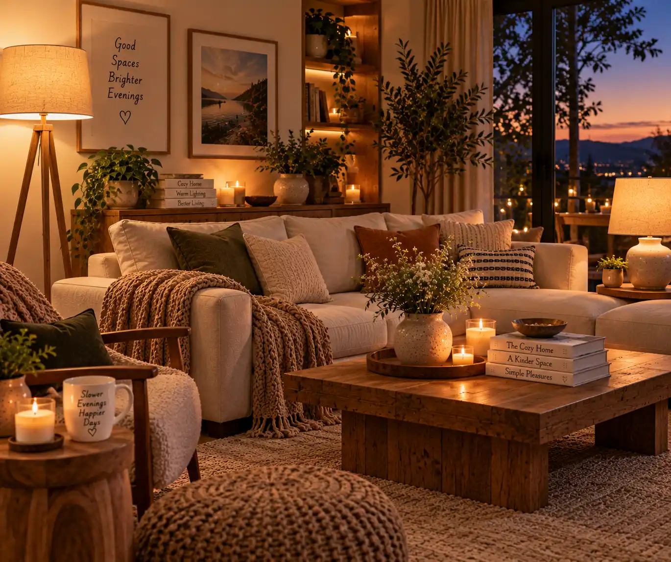 Warm layered lighting in a cozy living room
