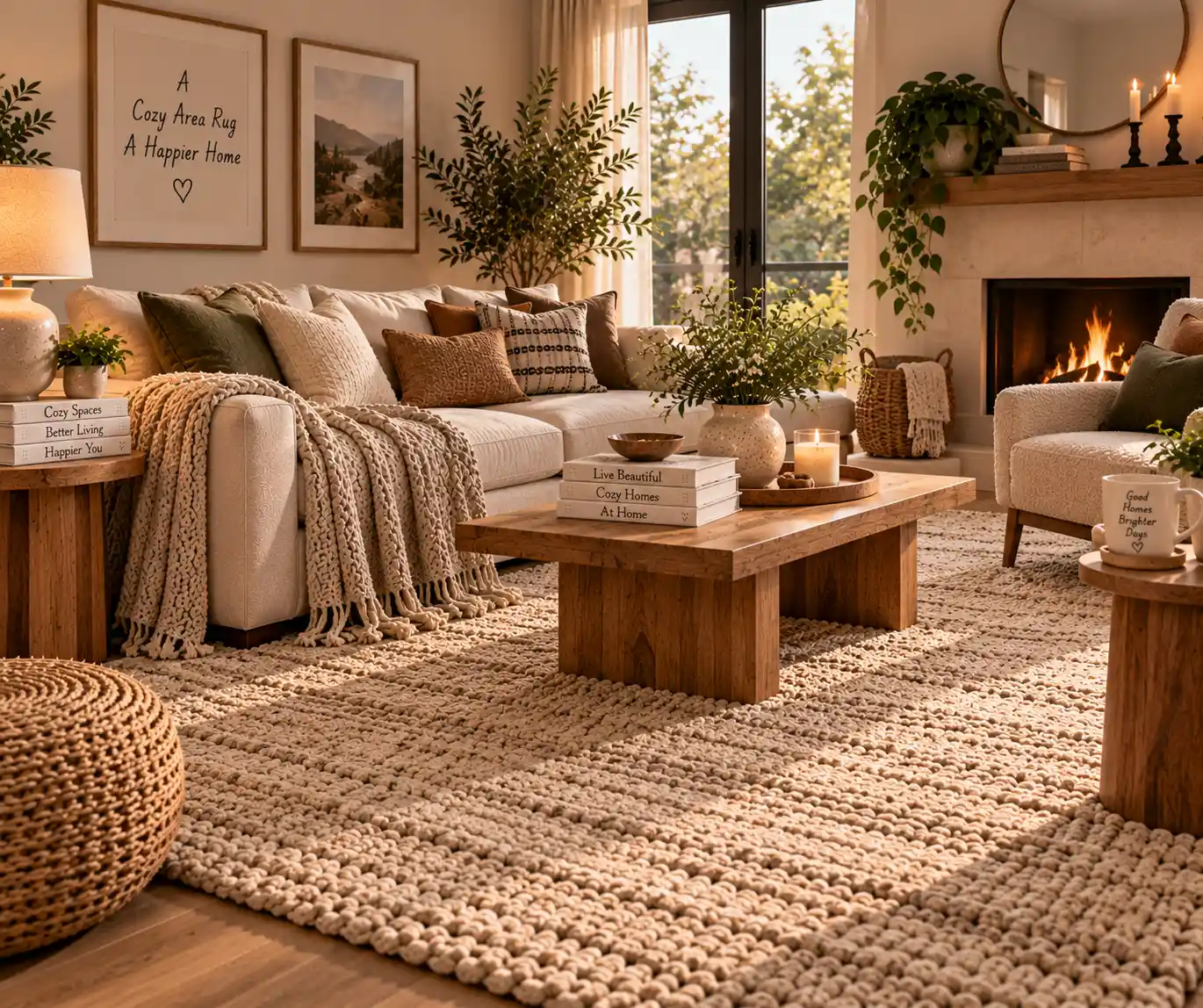 Large textured rug in a warm living room