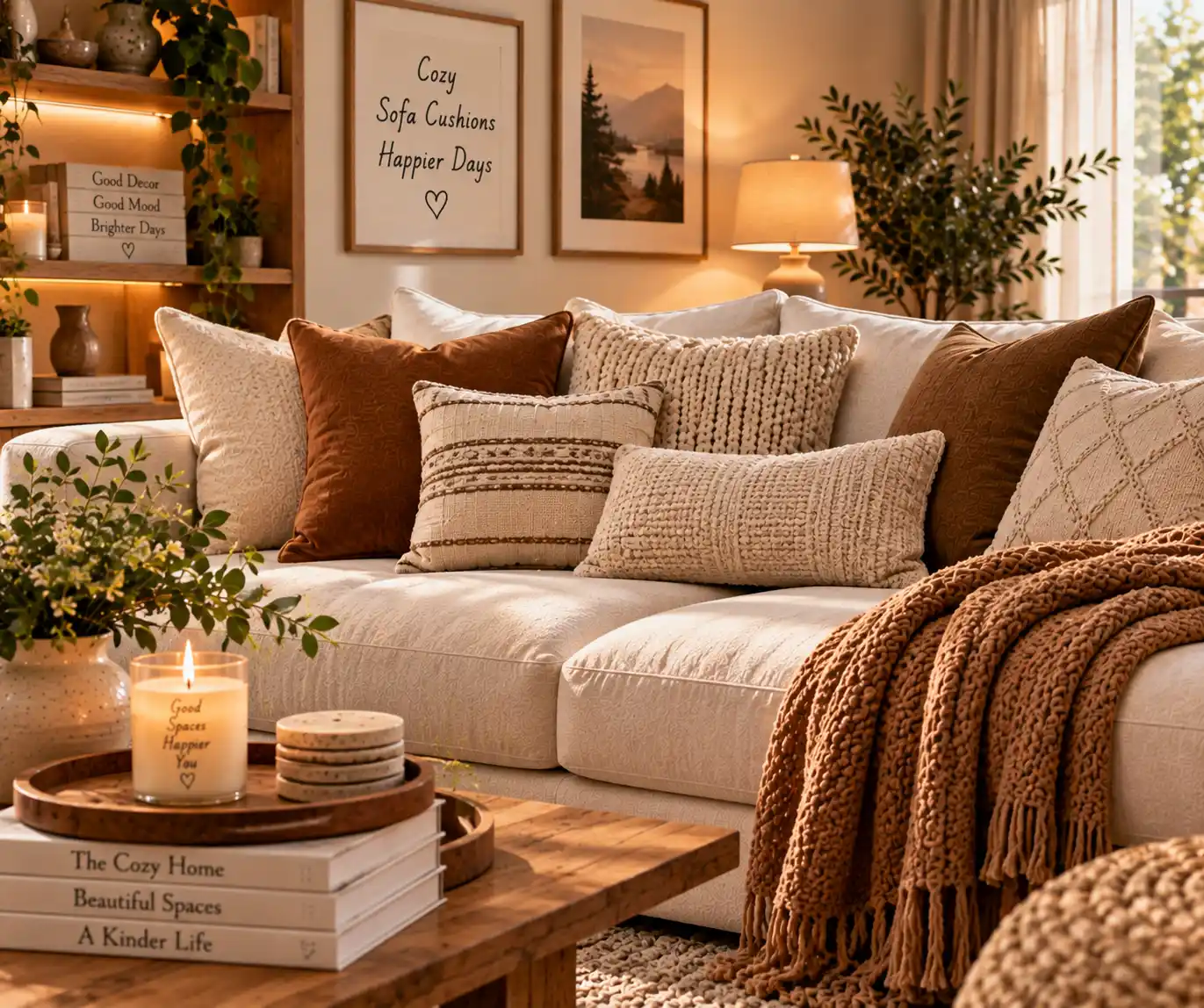 Soft cushions arranged on a comfortable living room sofa