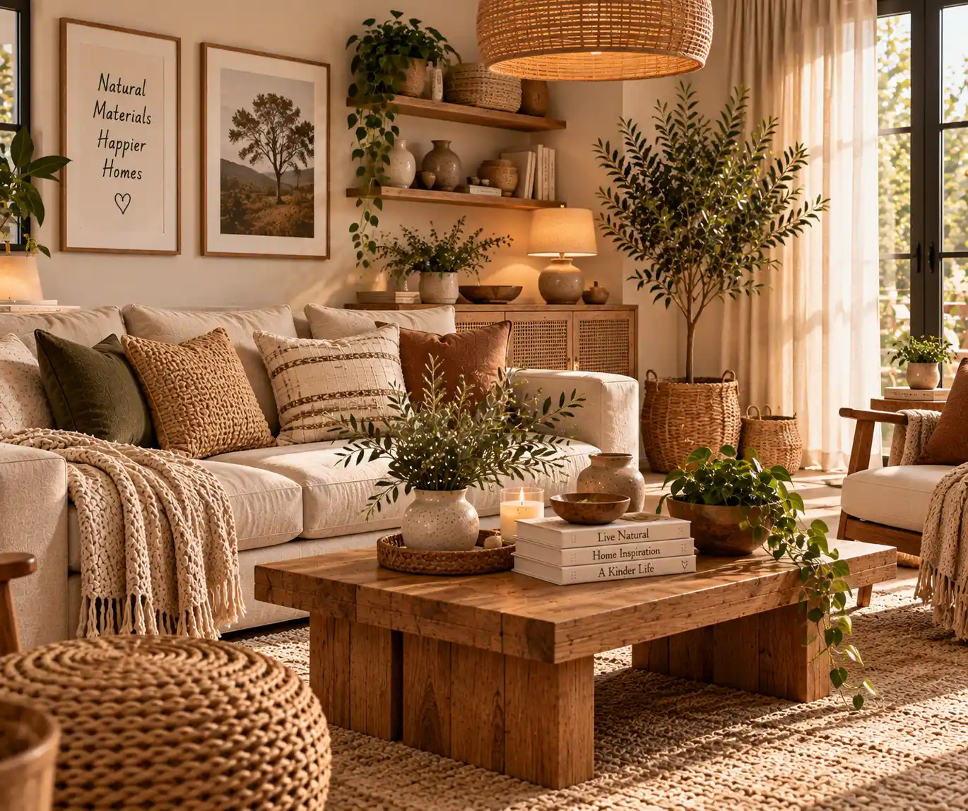 Living room with natural wood and woven decor