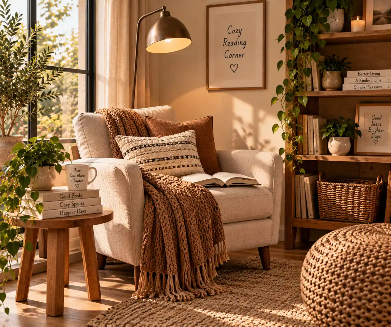 Cozy living room reading corner with an armchair
