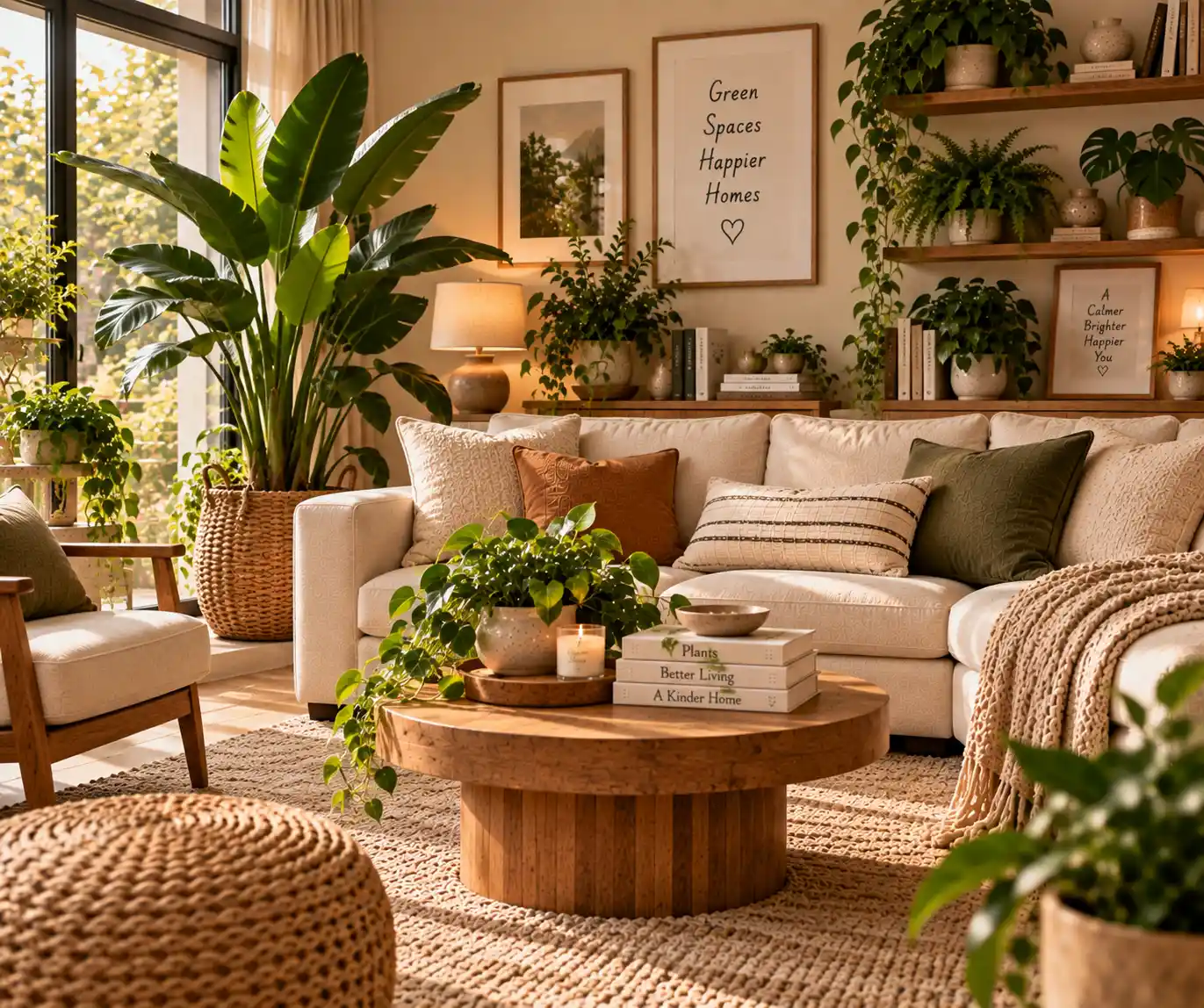 Green houseplants adding warmth to a cozy living room