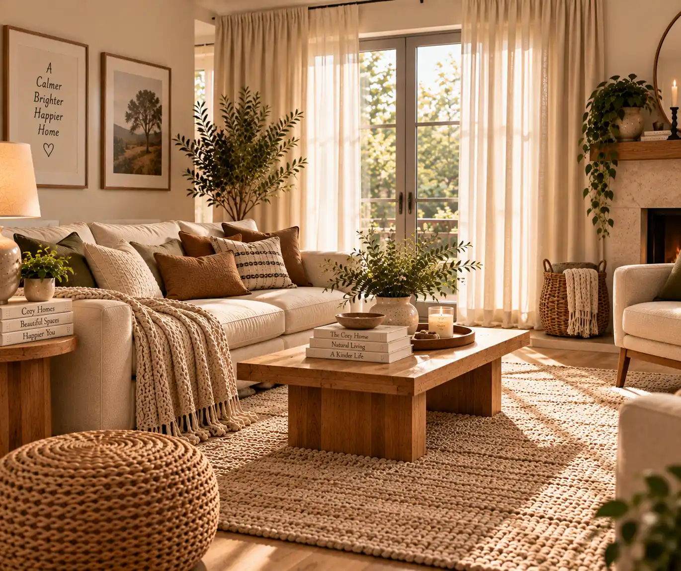 Cream curtains softening a warm living room