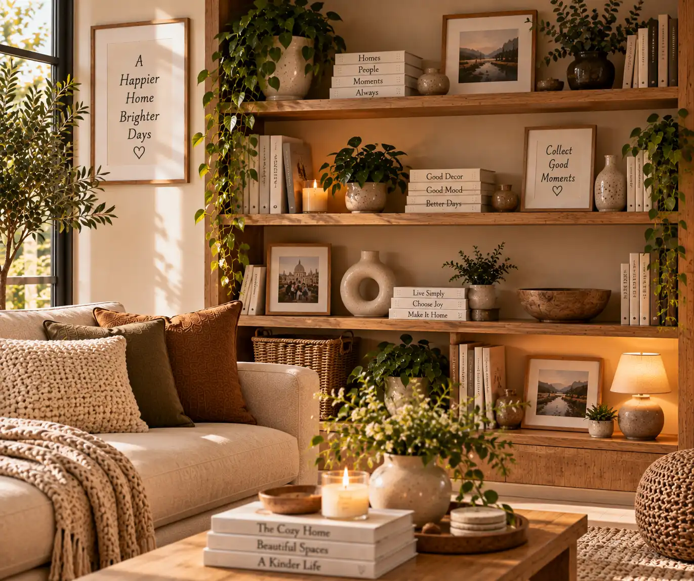 Living room shelf with books and personal decor