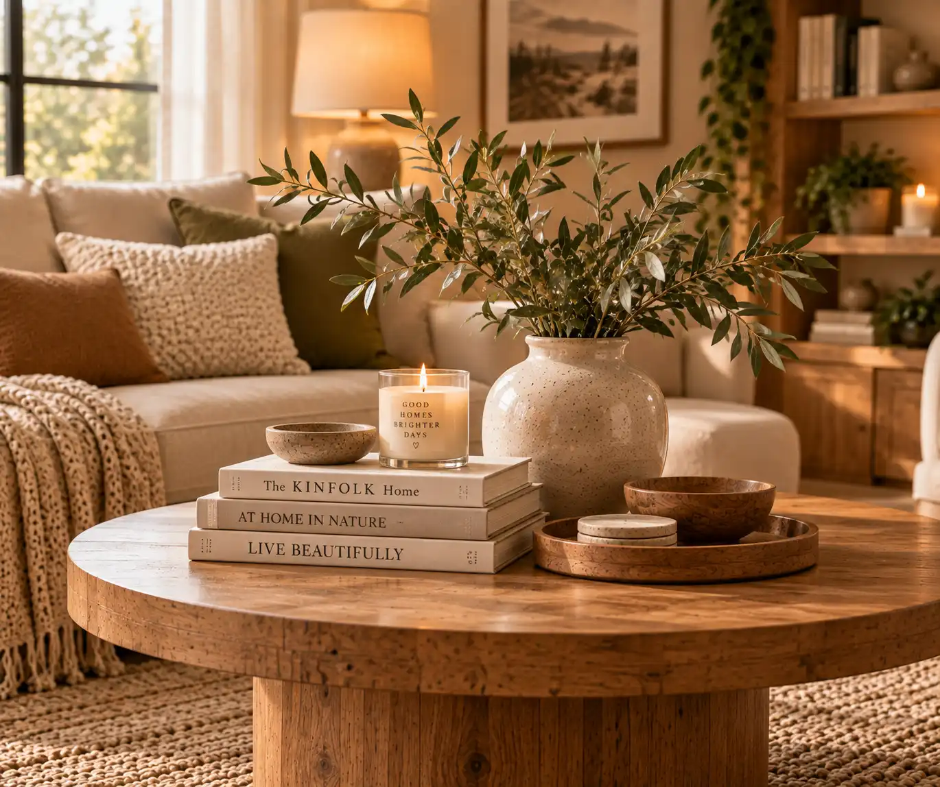 Simple coffee table styling in a cozy living room