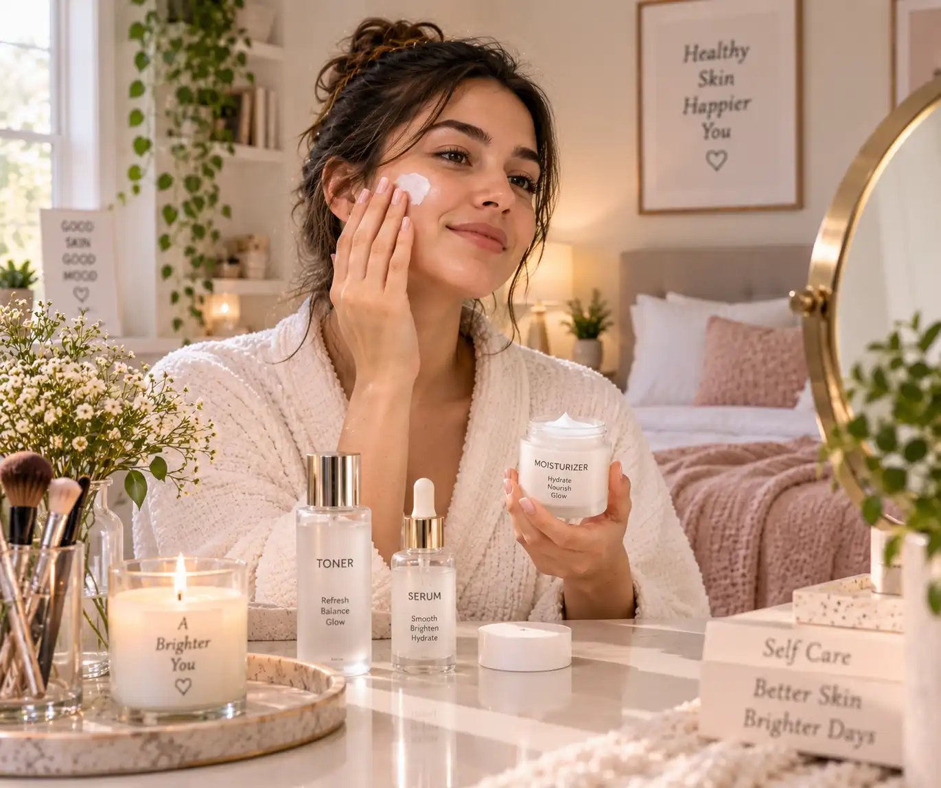 Woman applying moisturizer as part of a daily beauty routine