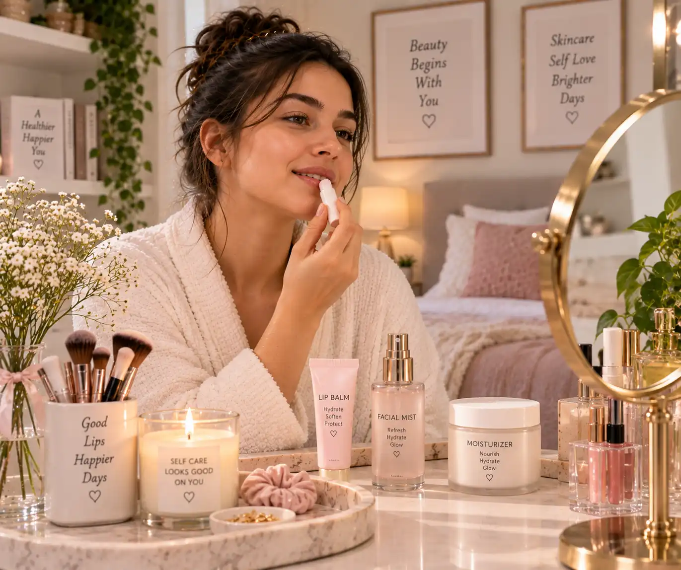 Woman applying moisturizing lip balm during her beauty routine