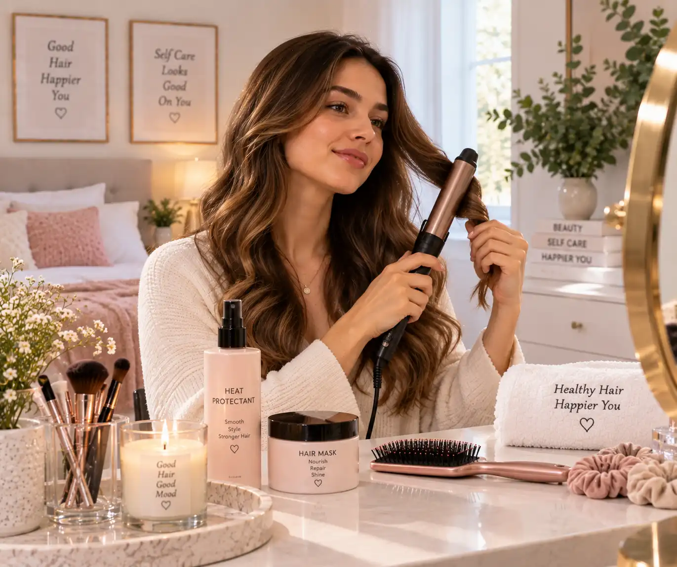 Woman using heat styling tools with careful hair care