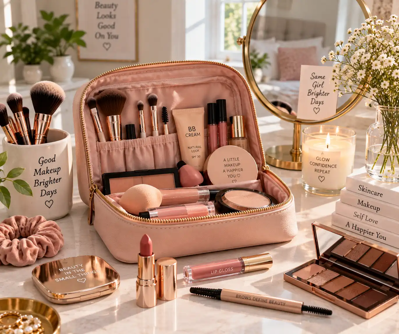 Organized makeup bag with everyday beauty essentials