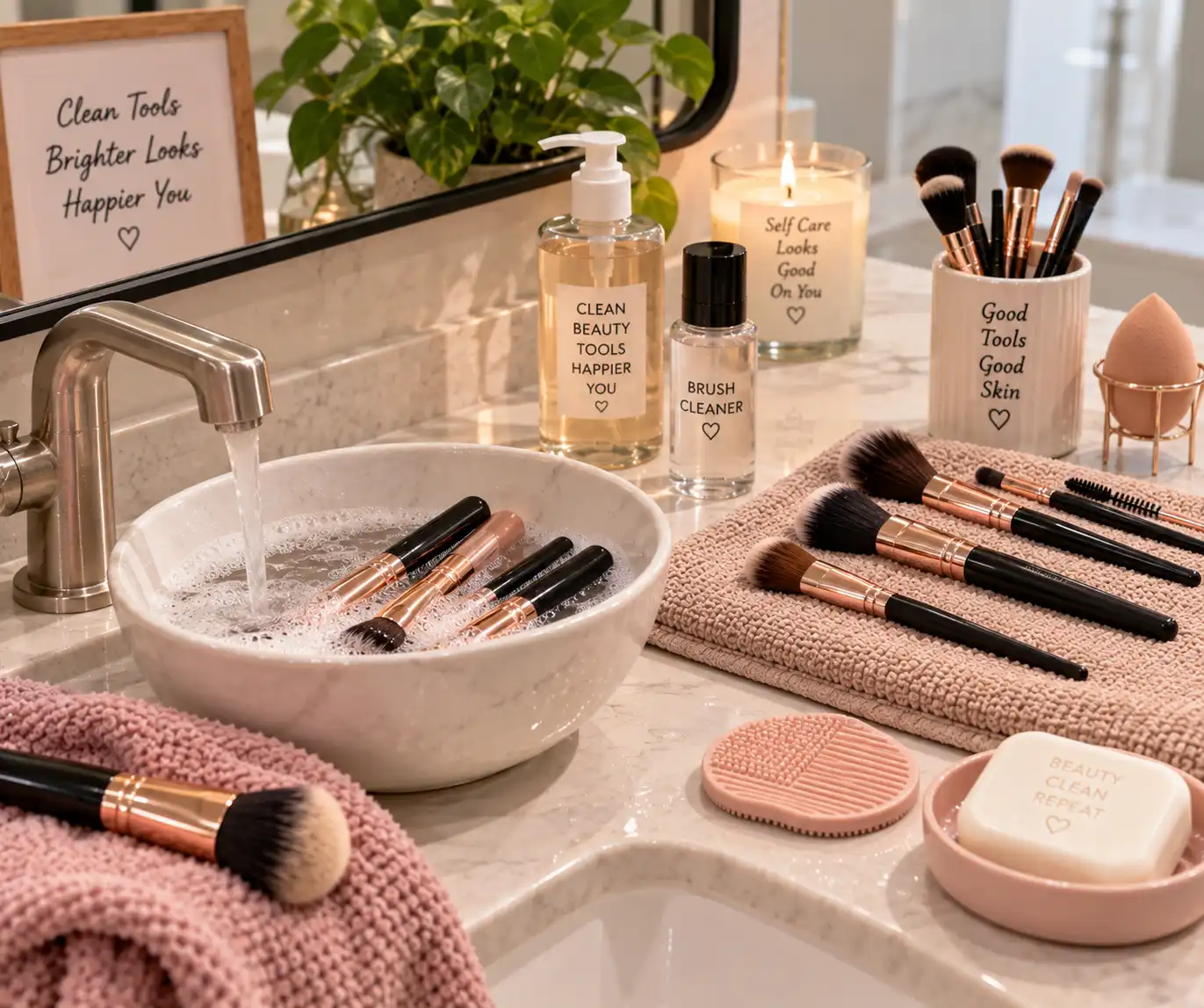 Cleaning makeup brushes as part of a beauty routine