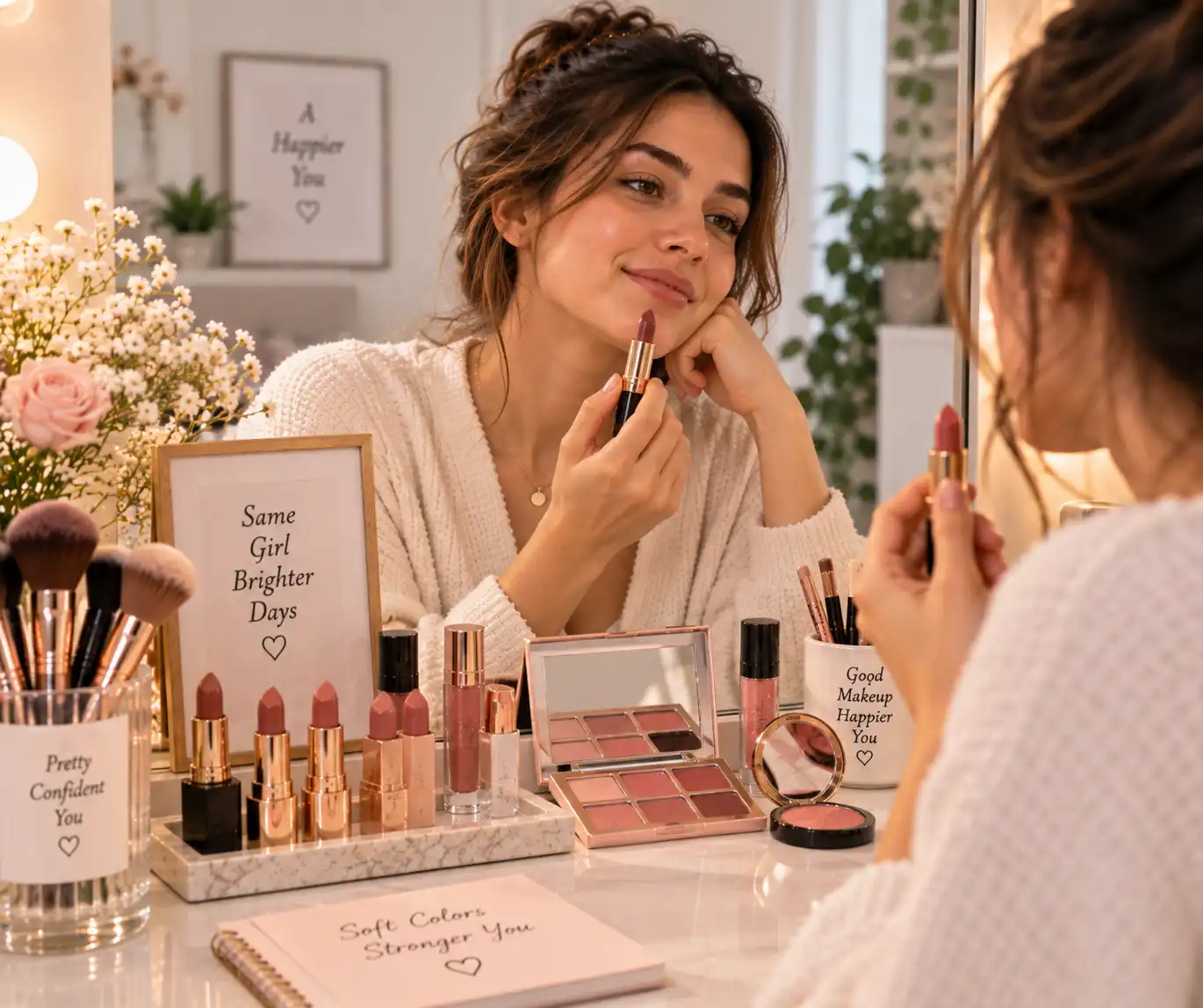Woman choosing makeup colors for an everyday beauty look