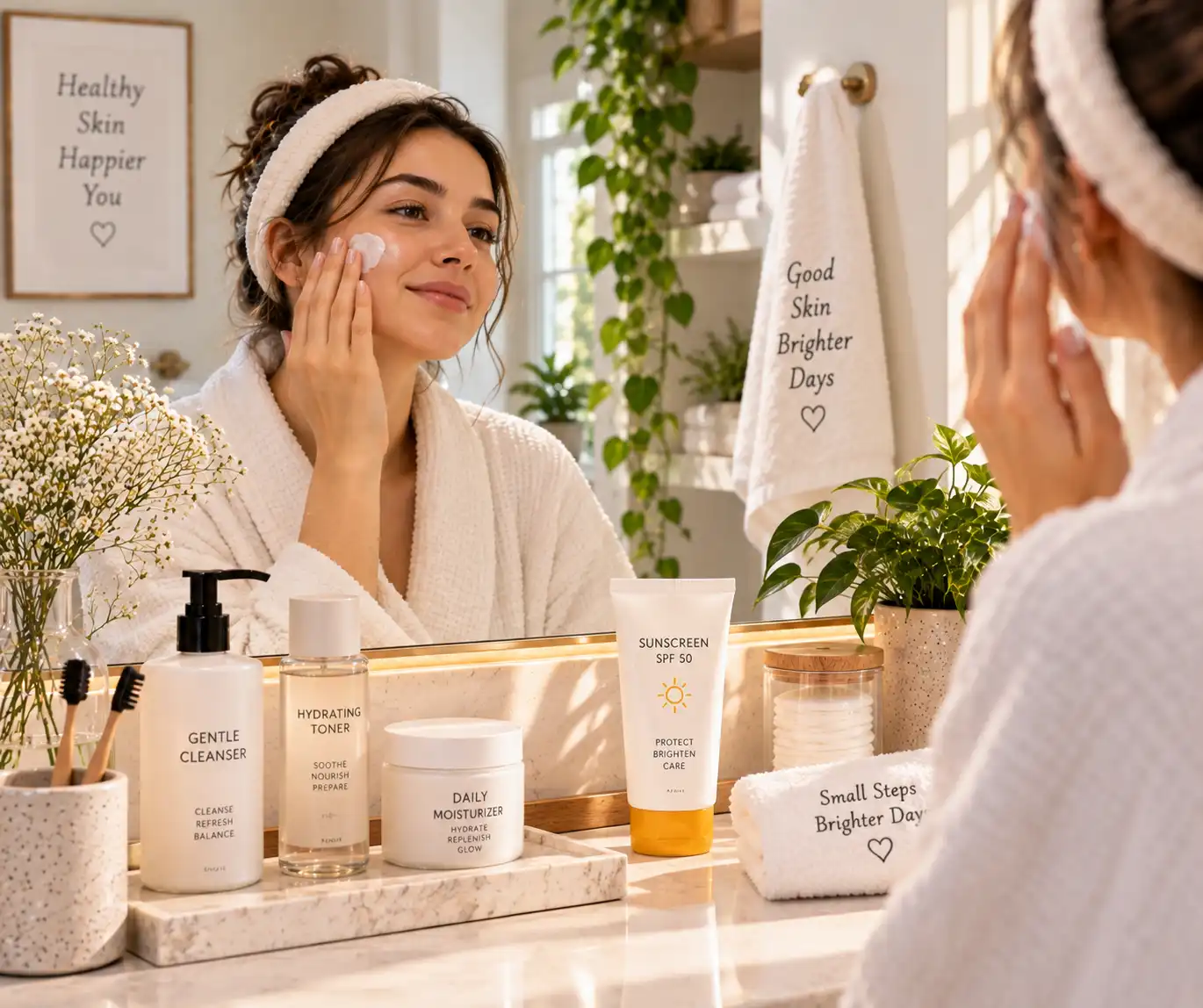 Woman applying sunscreen during her morning beauty routine