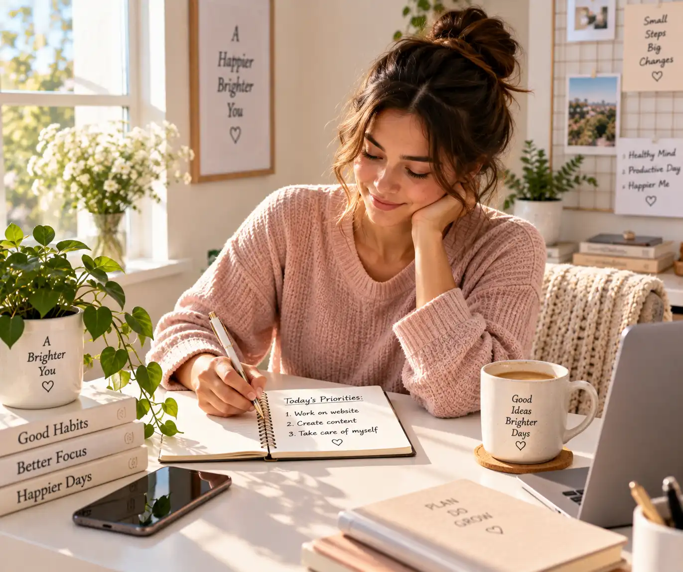 Woman writing daily priorities in a morning notebook
