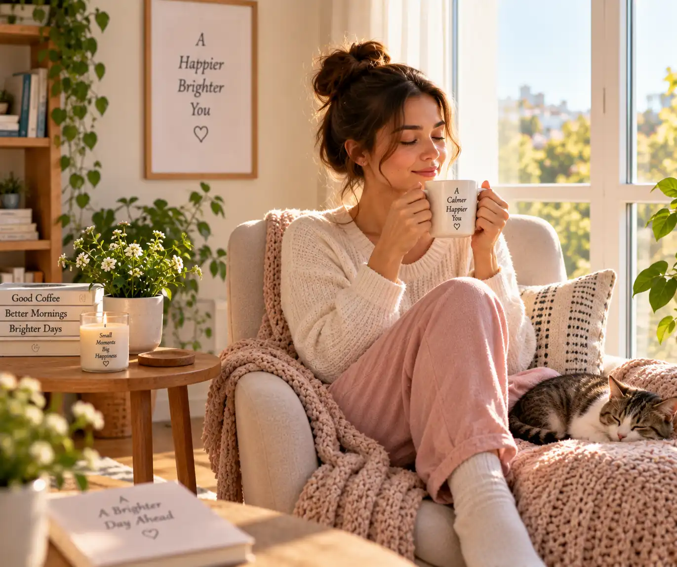 Woman enjoying quiet time beside a sunny window