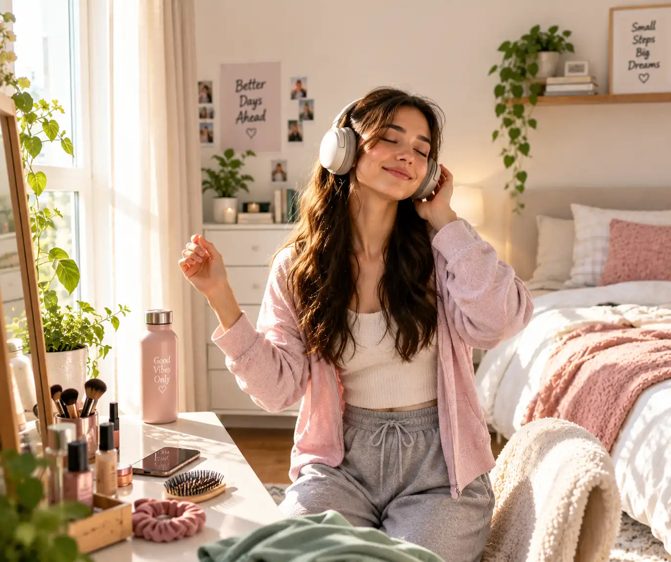 Woman listening to music while getting ready in the morning