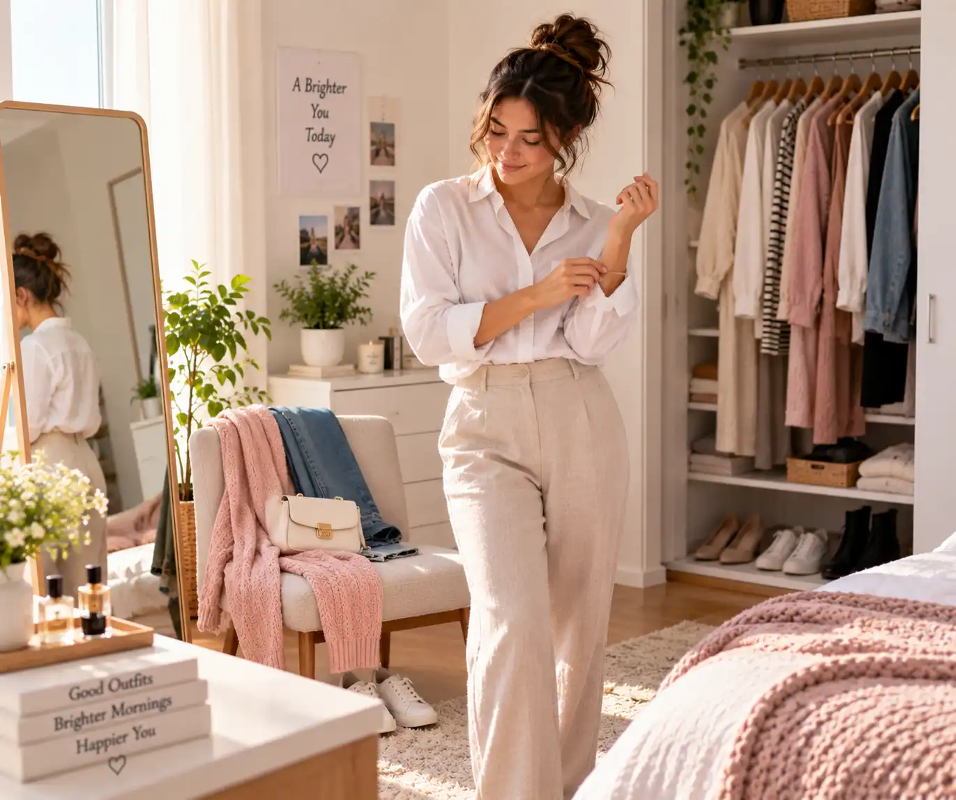 Woman getting ready calmly in a tidy bedroom