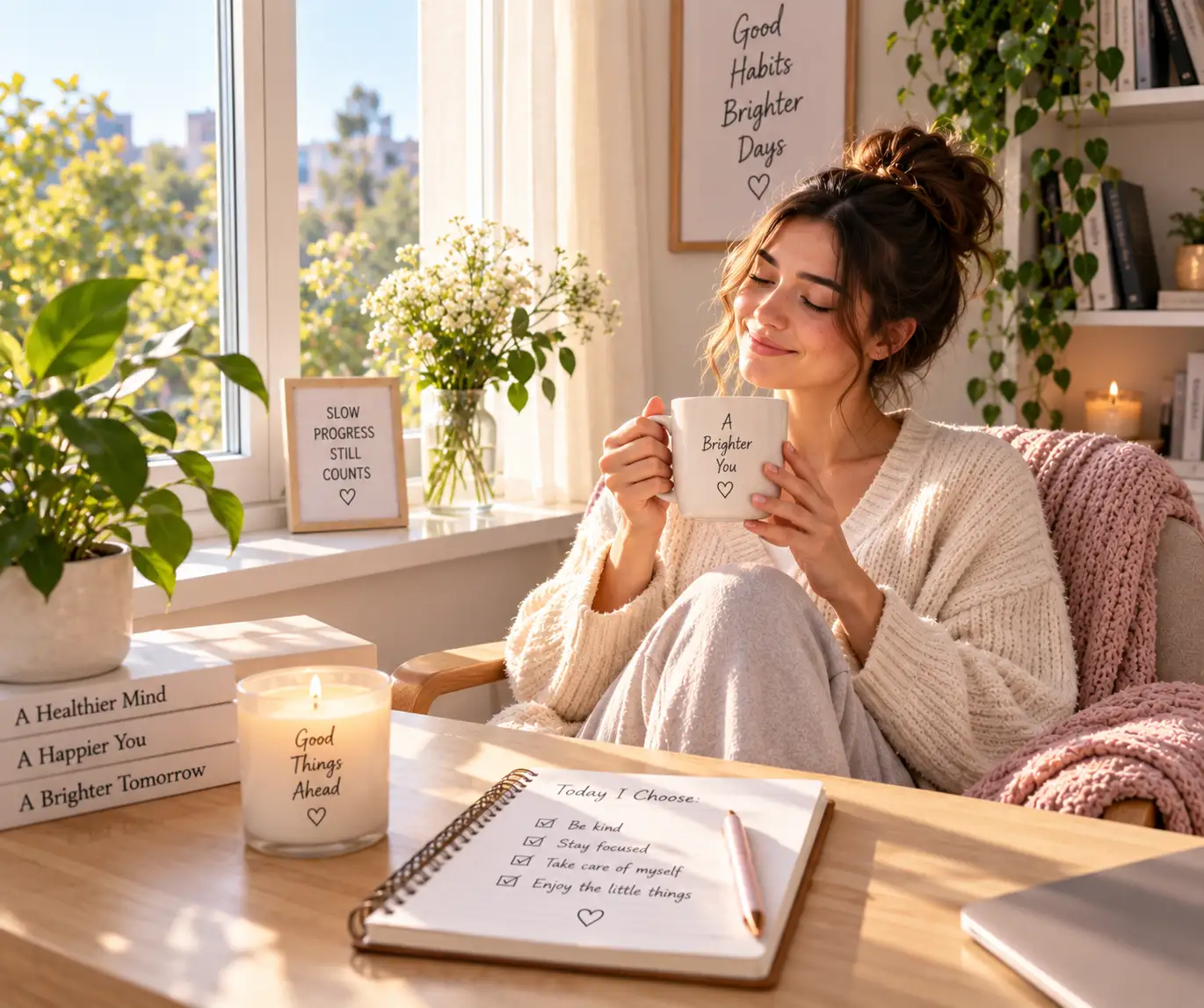 Woman enjoying a peaceful morning moment at home