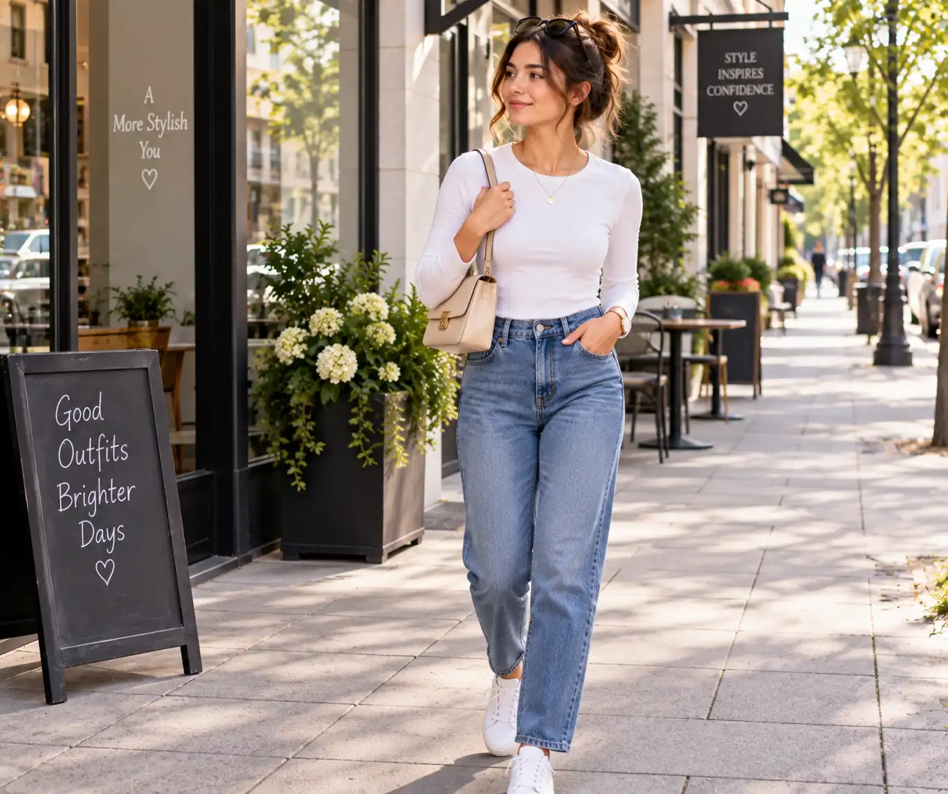 Woman wearing blue jeans with a simple white top