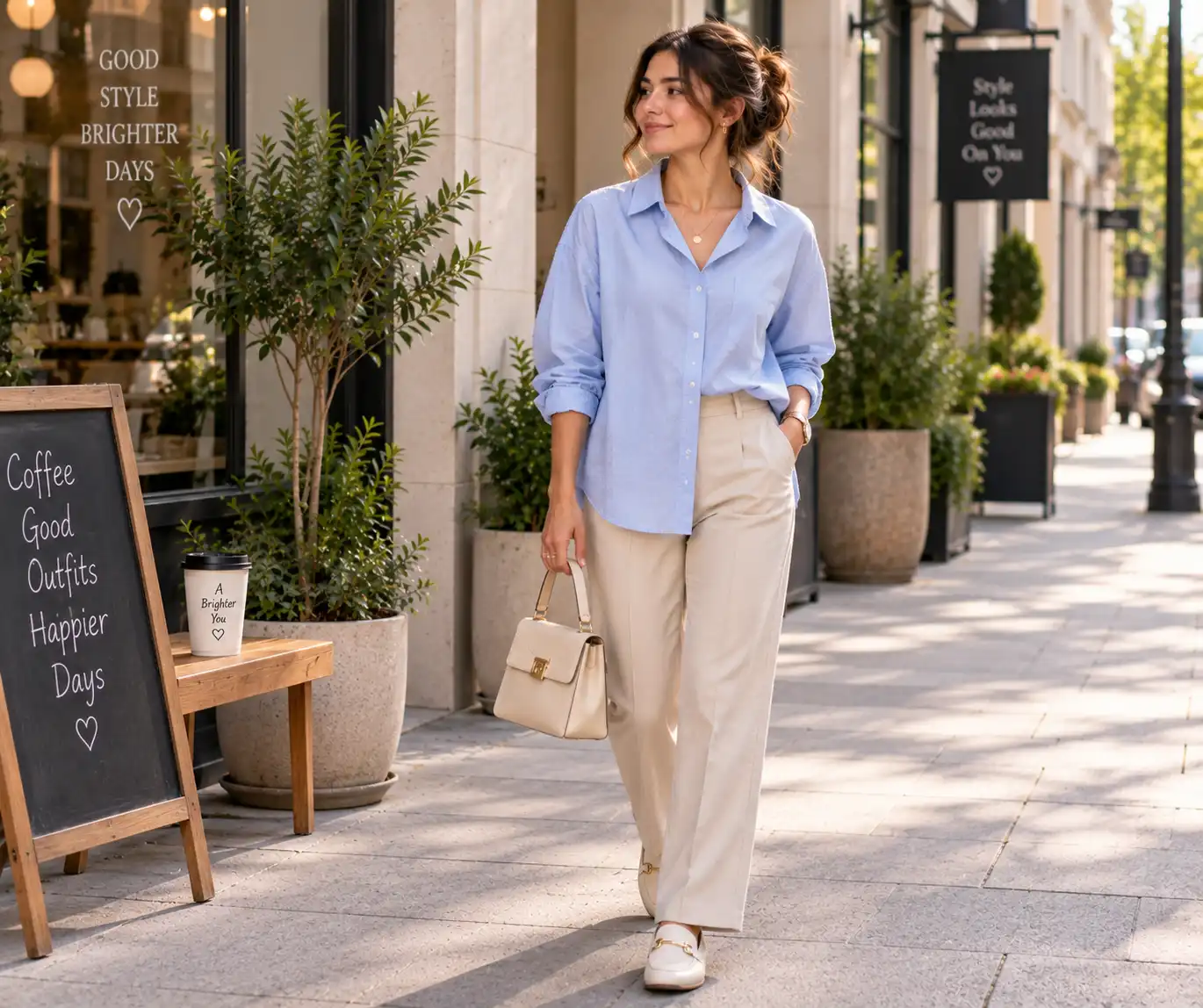Woman wearing an oversized shirt with straight-leg pants