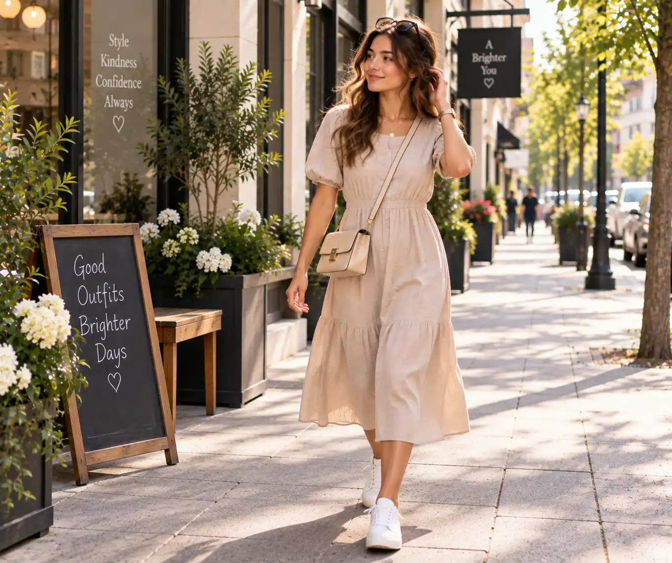 Woman wearing a casual midi dress with sneakers
