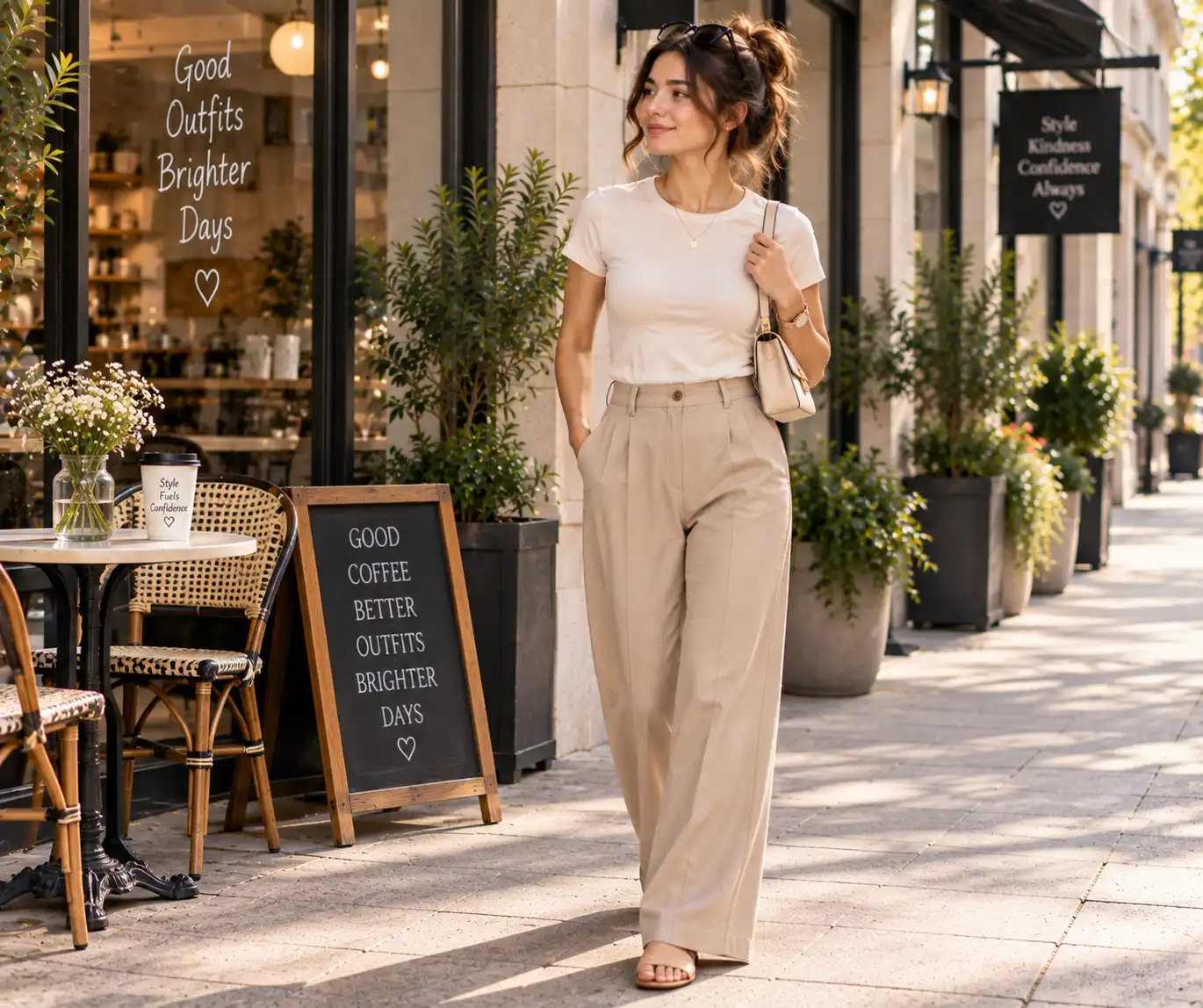 Woman wearing a T-shirt with wide-leg trousers