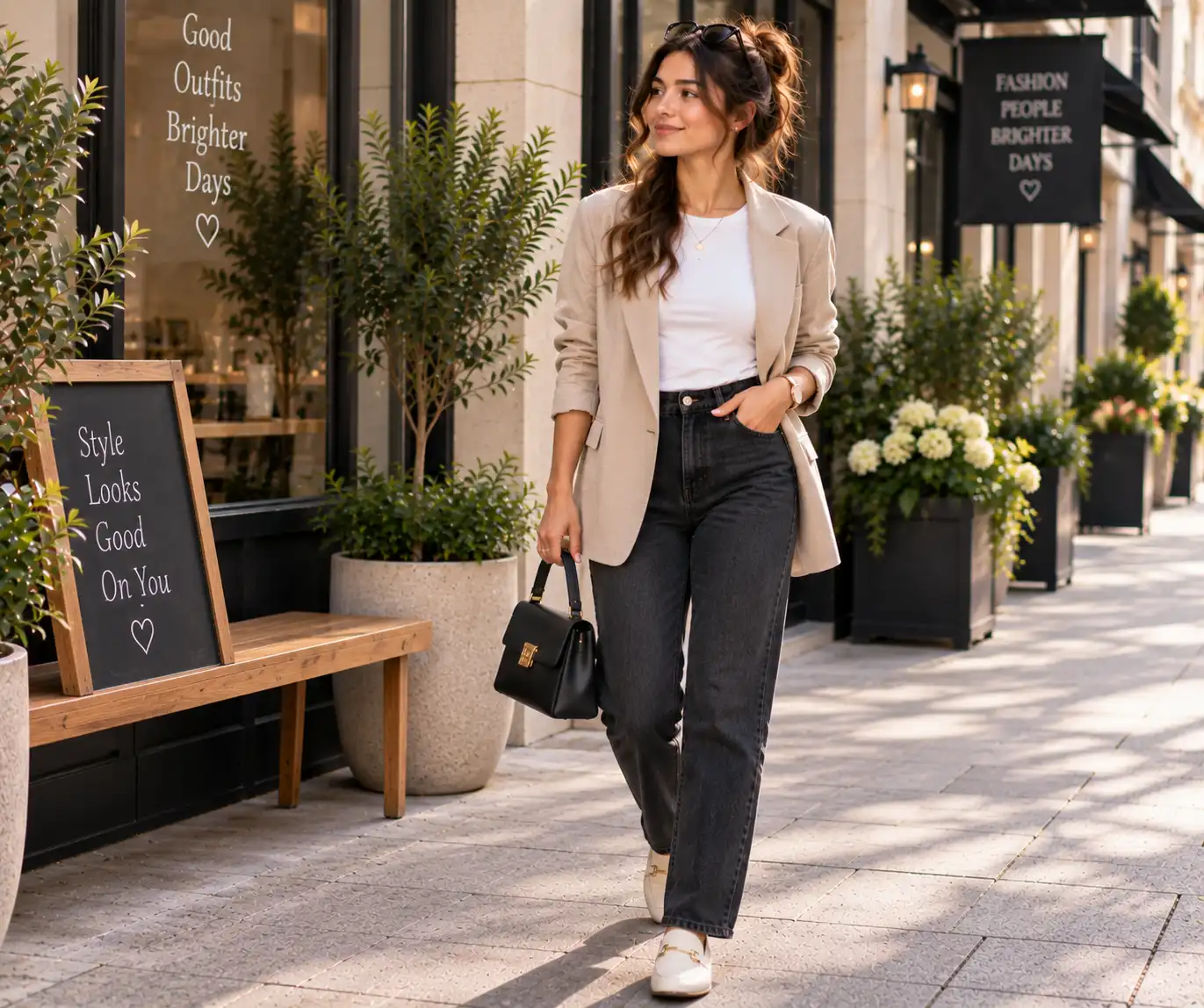 Woman wearing a blazer with a basic top and jeans