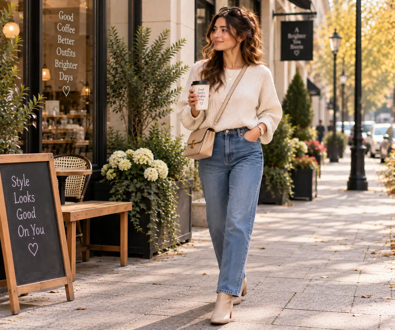 Woman wearing a knit sweater with straight-leg jeans