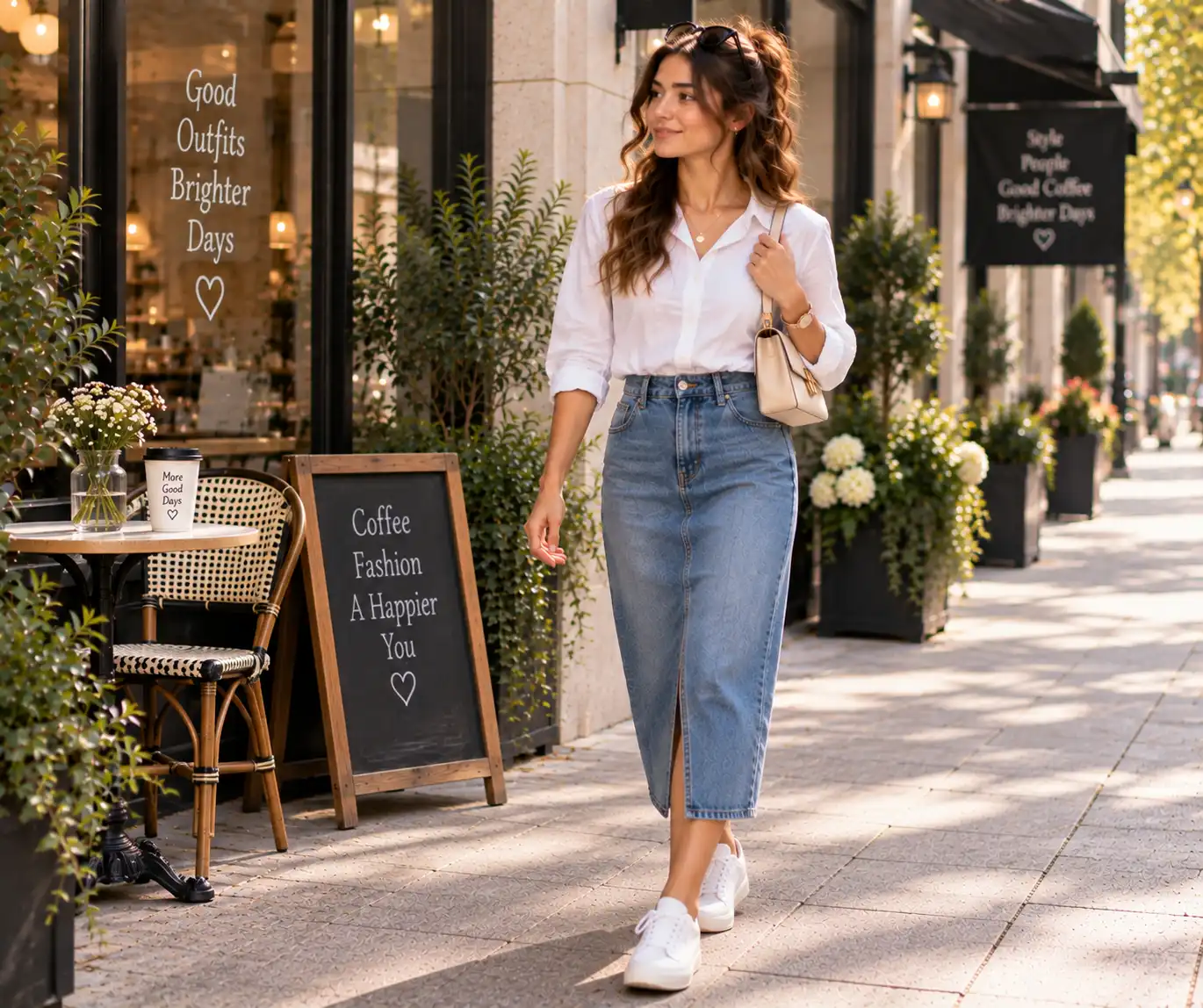 Woman wearing a white shirt with a denim skirt
