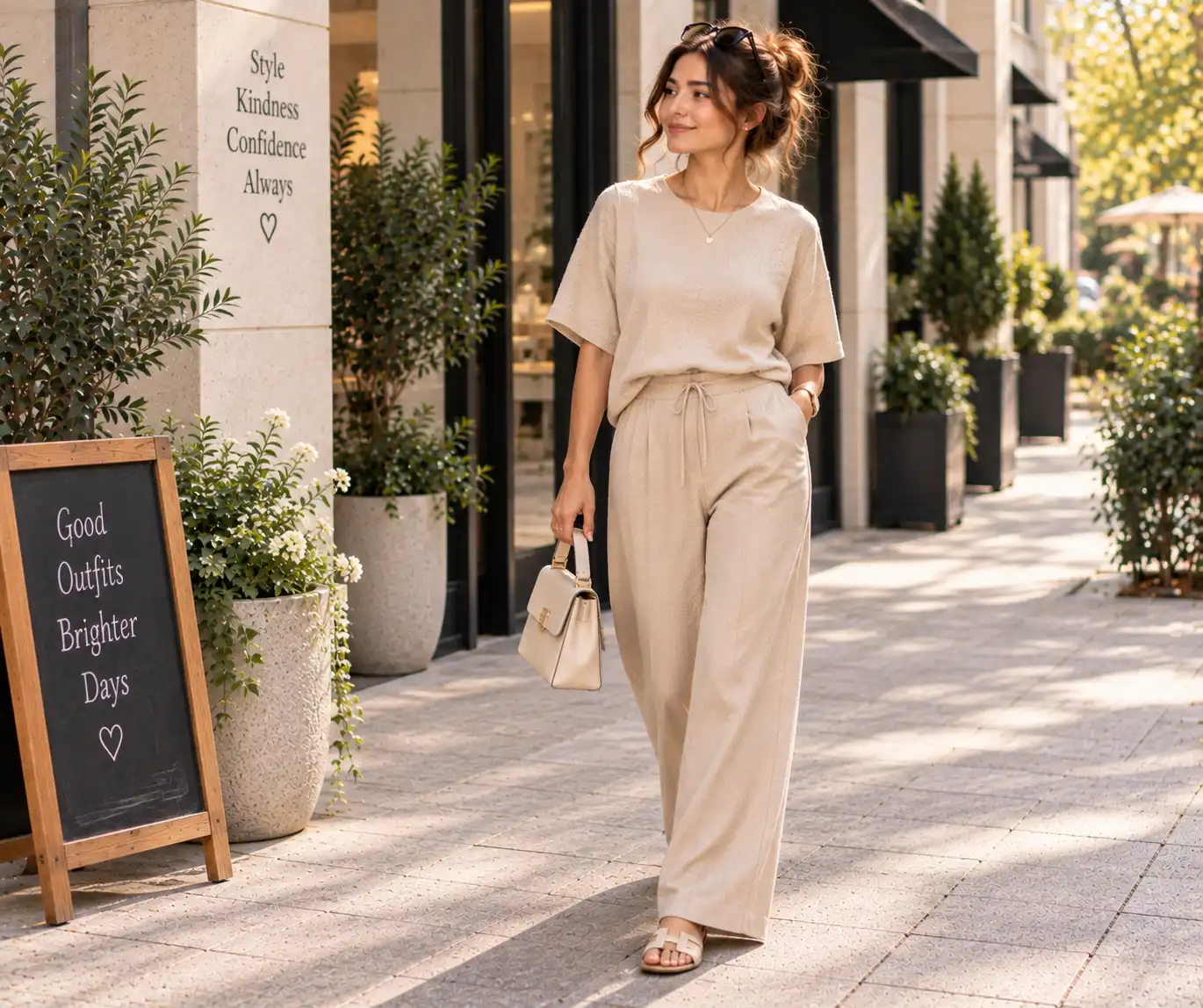 Woman wearing a matching top and trouser set