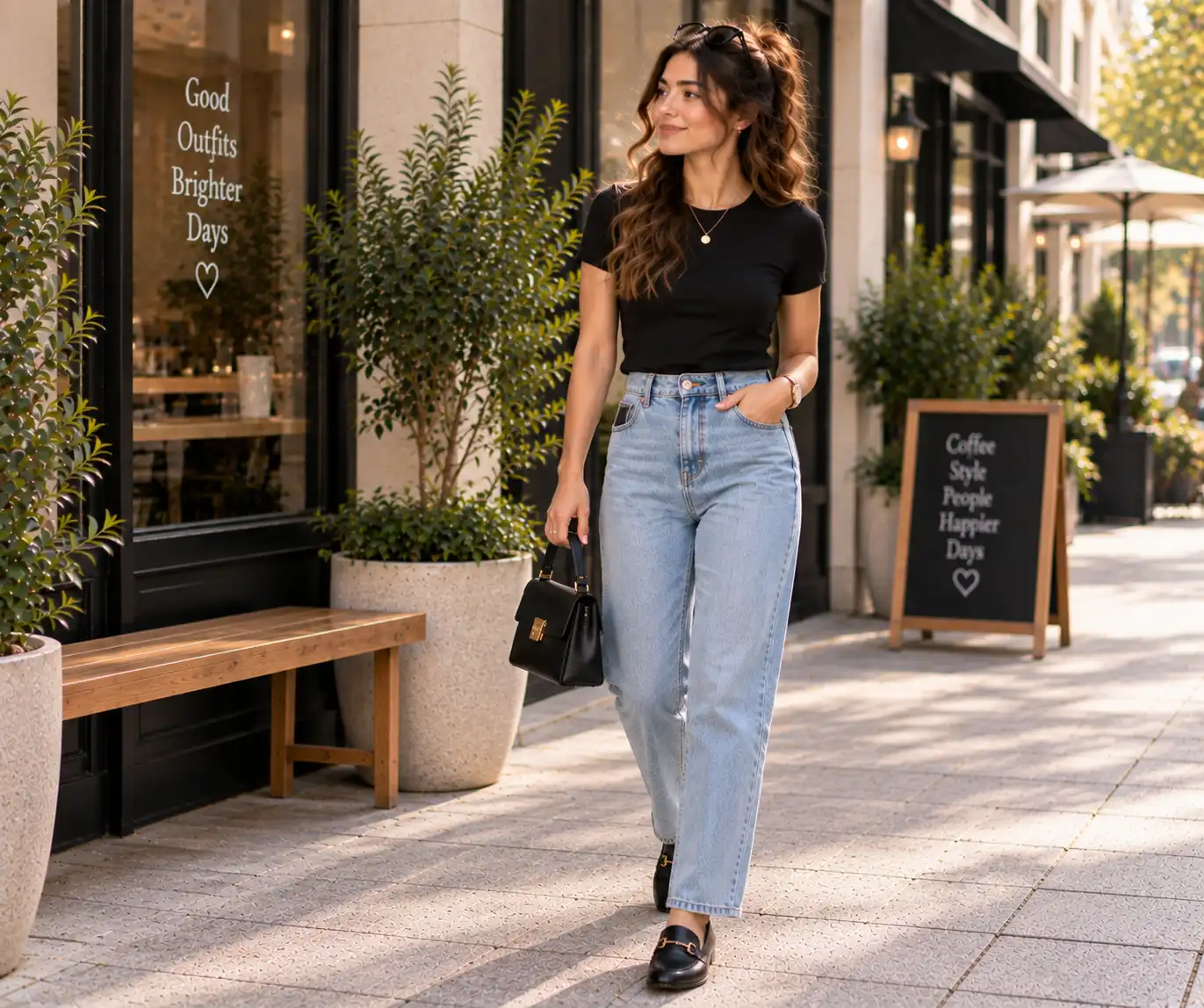 Woman wearing a black top with light-wash jeans